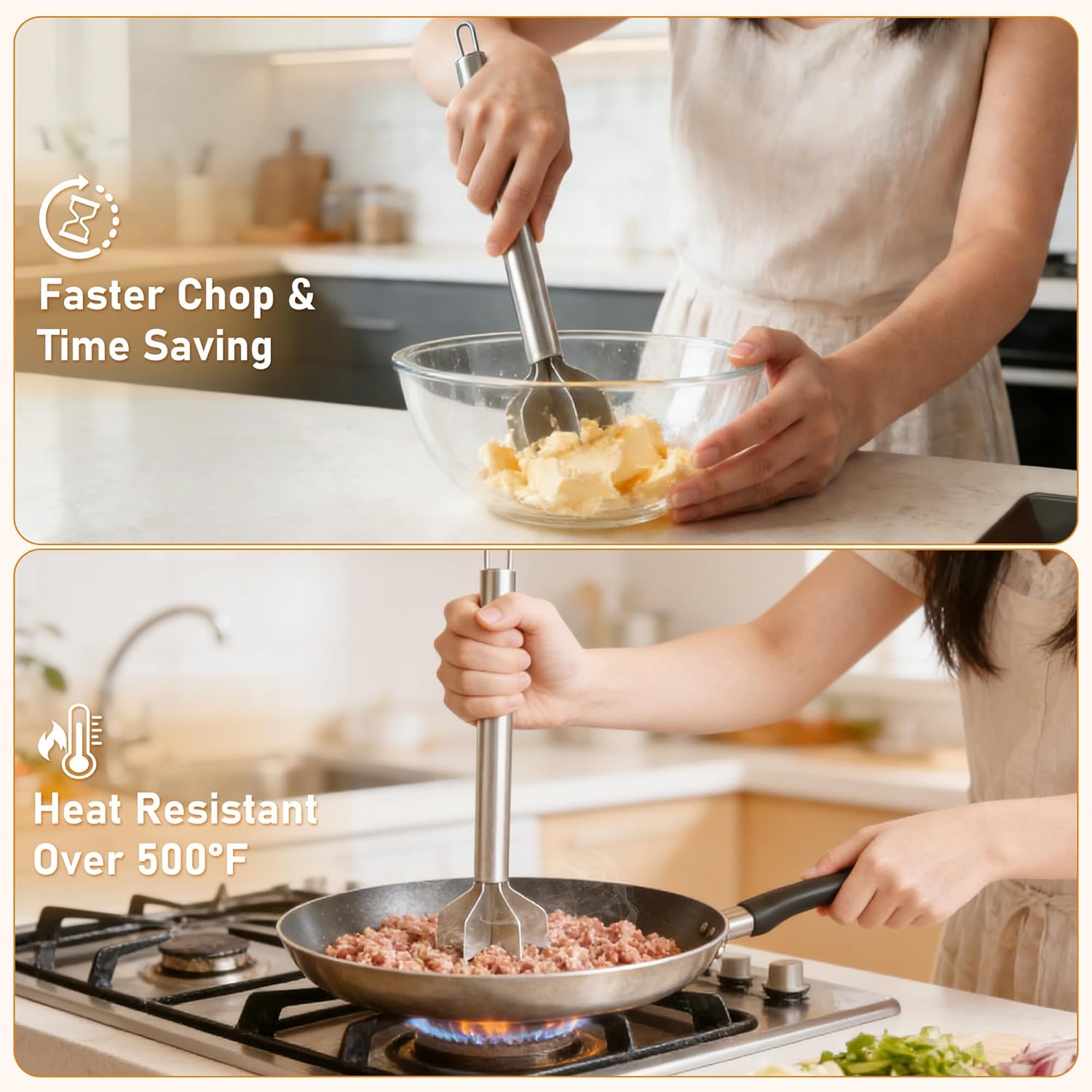Stainless Steel Meat Masher, 6 Blade Ground Beef Chopper Tool 10.8Inch Potato Masher with Handle, Potato Masher Hamburger Smasher for Kitchen Cooking Vegetable Puree