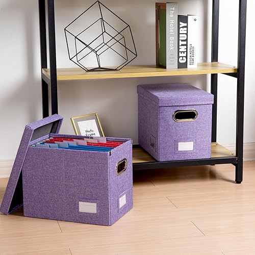 Miniatura 51 de PRANDOM Caja organizadora de archivos, juego de 4 carpetas plegables decorativas de lino para almacenamiento de archivos colgantes con tapas, Gris