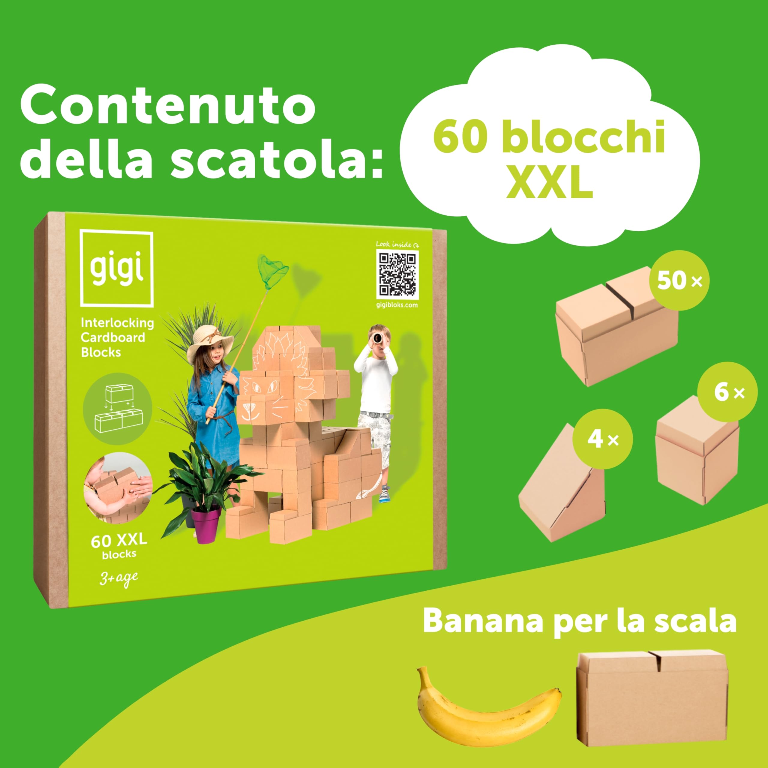 GIGI BLOKS 60 Mattoncini Costruzioni Grandi per Bambini XXL Impilabili & Incastro | Cartone Blocchi Costruzioni per Bambini Robusti e Facili da Montare | Grandi Giochi Montessori Creativi & Educativi