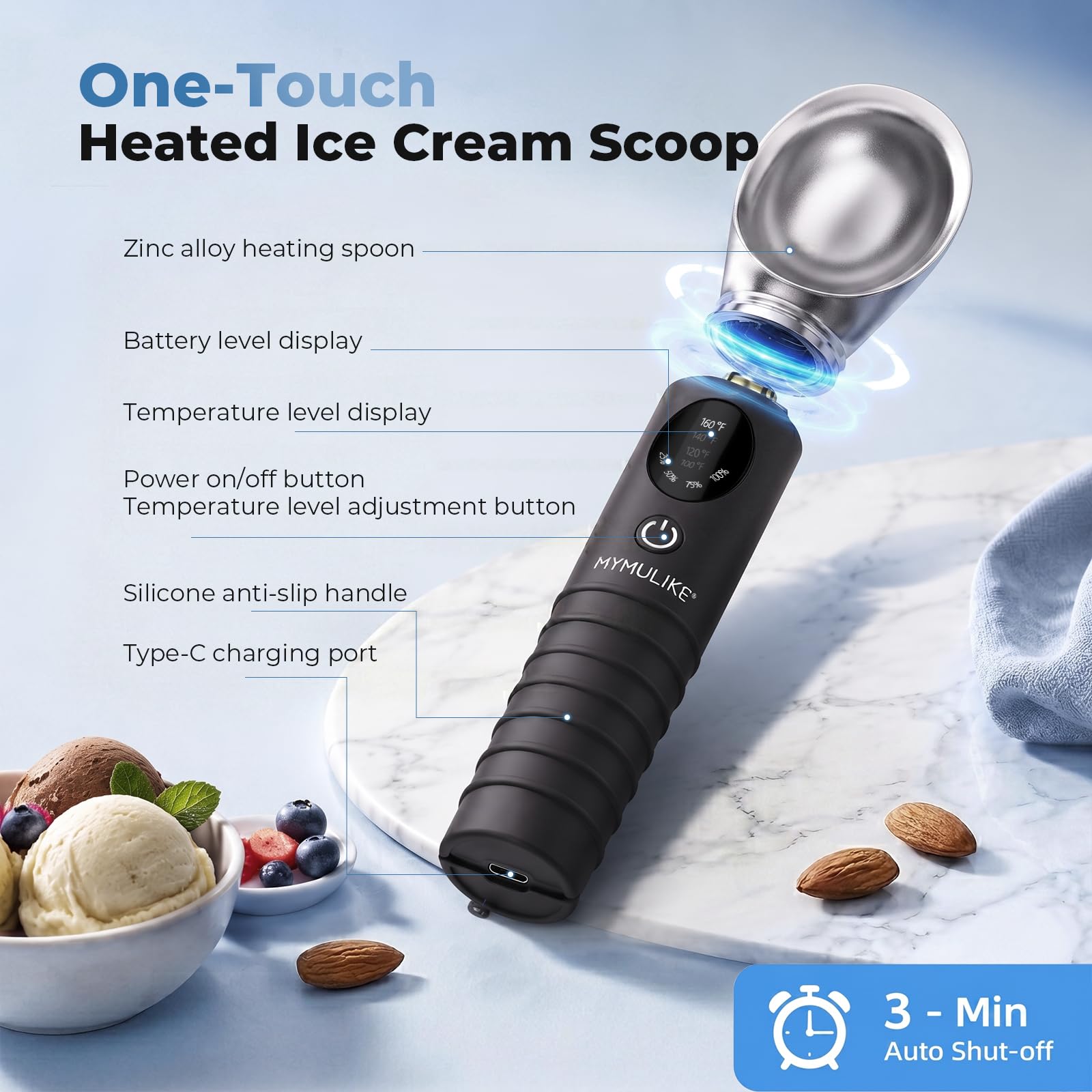 MYMULIKE Cuillère à glace chauffante en acier inoxydable, 4 températures (40-70 °C), cuillère à glace réglable, cuillère à glace rechargeable à chauffage rapide 30 secondes, arrêt automatique en 3
