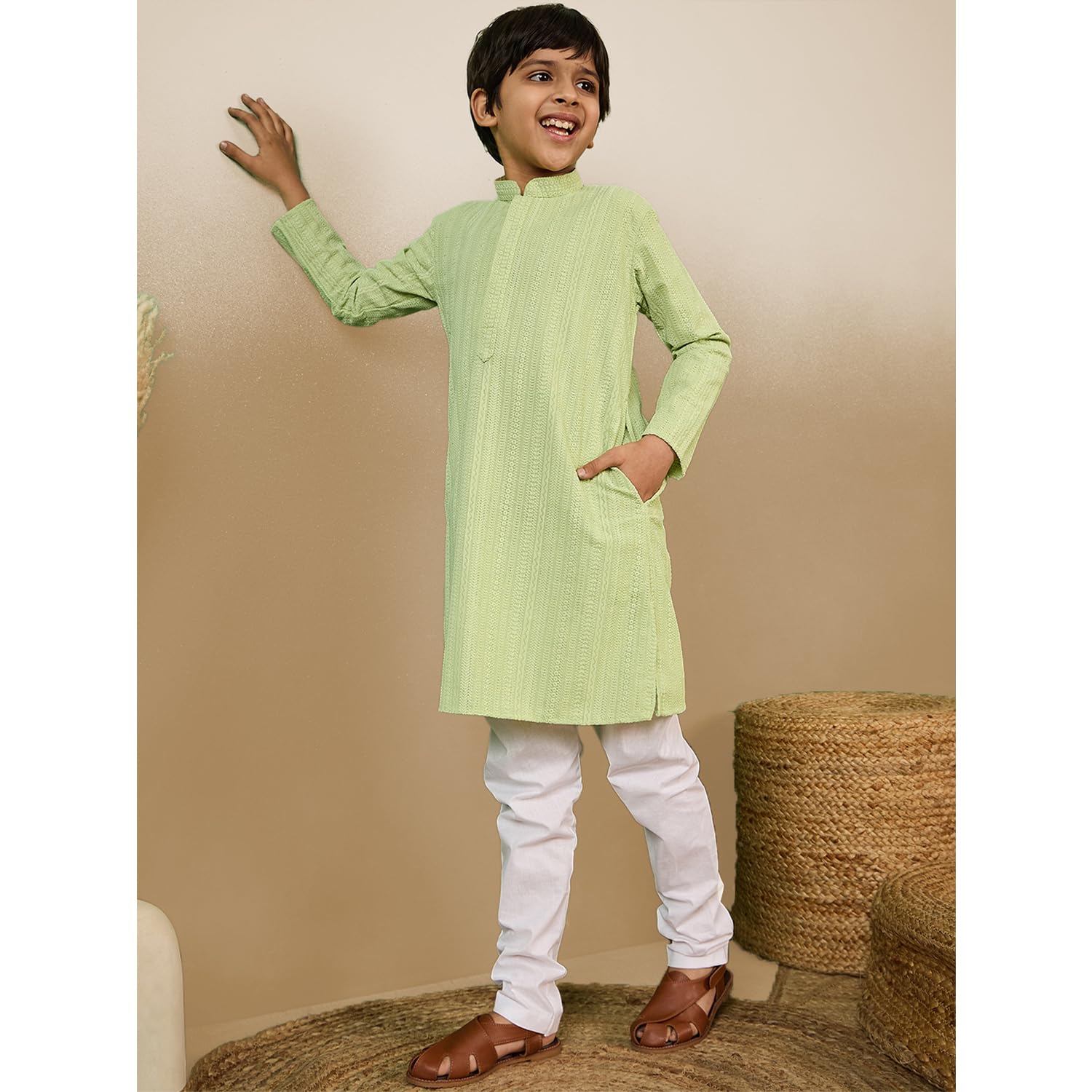 Sanwara Chic & Classic Boys Solid Light Green Chikankari Designer Cotton Kurta 28( 3