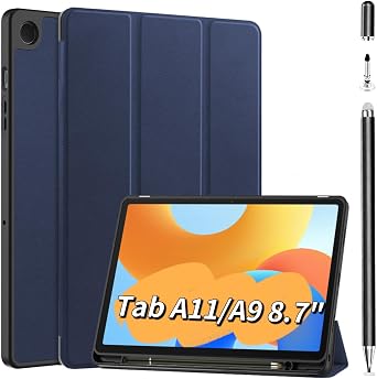 Stylus Pen+Case for Samsung Galaxy Tab A11/A9-8.7 inch, Built in Pen Slot Slim for A9/A11 Tablet Protective Leather case Auto Wake/Sleep,Honeycomb Heat Dissipation Deep Blue