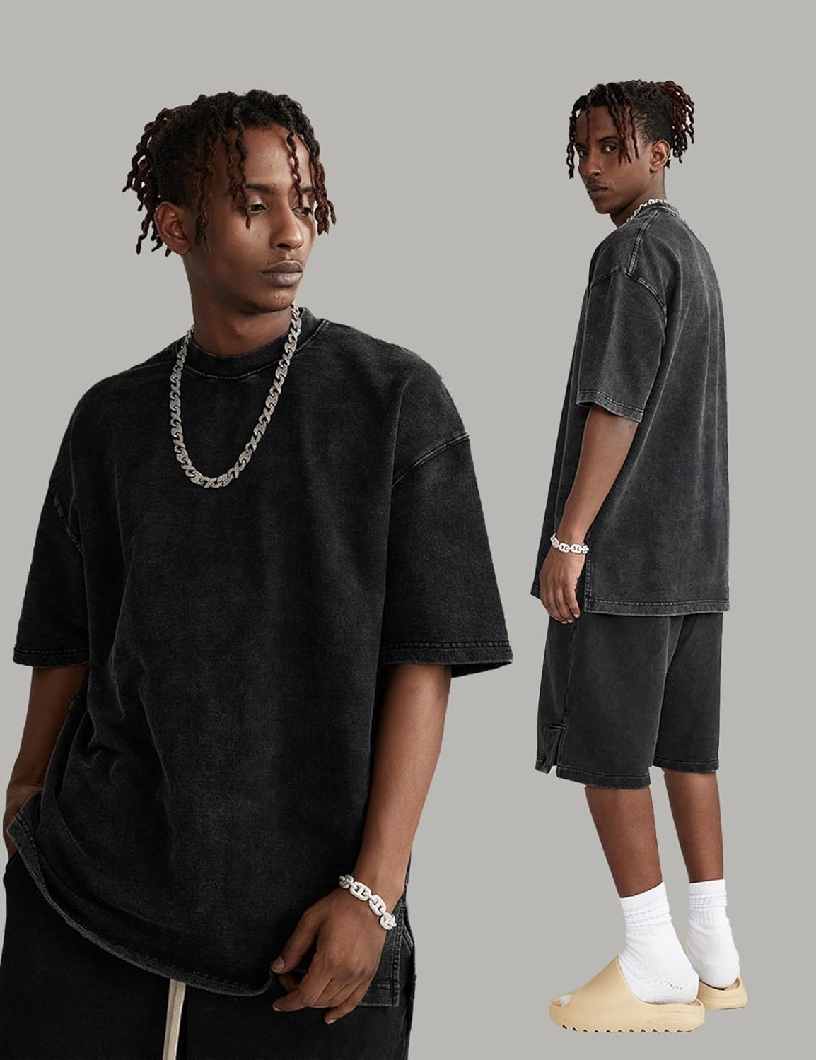 Flygo 3 Pack Men's Oversized T-Shirts Vintage 280G Heavy Cotton Streetwear Short Sleeve Solid Basic Tee Acid Washed Tops