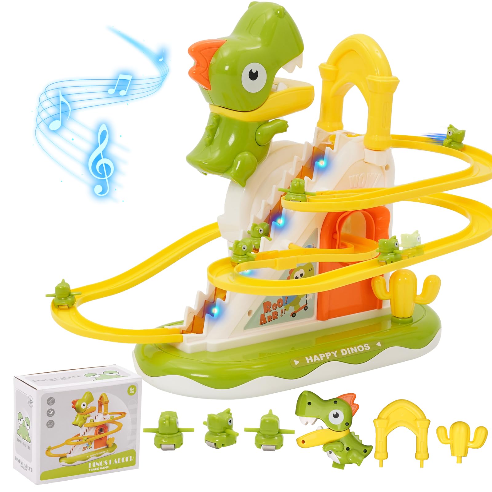 Race Track Toy Climbing Stairs Toys Roller Coaster Toy Double Track Dinosaur Slide Game with 3 Dinosaurs Race Car Toys with Music Light Orbit Chasing Game Gift for Kids Toddlers Boys Girls
