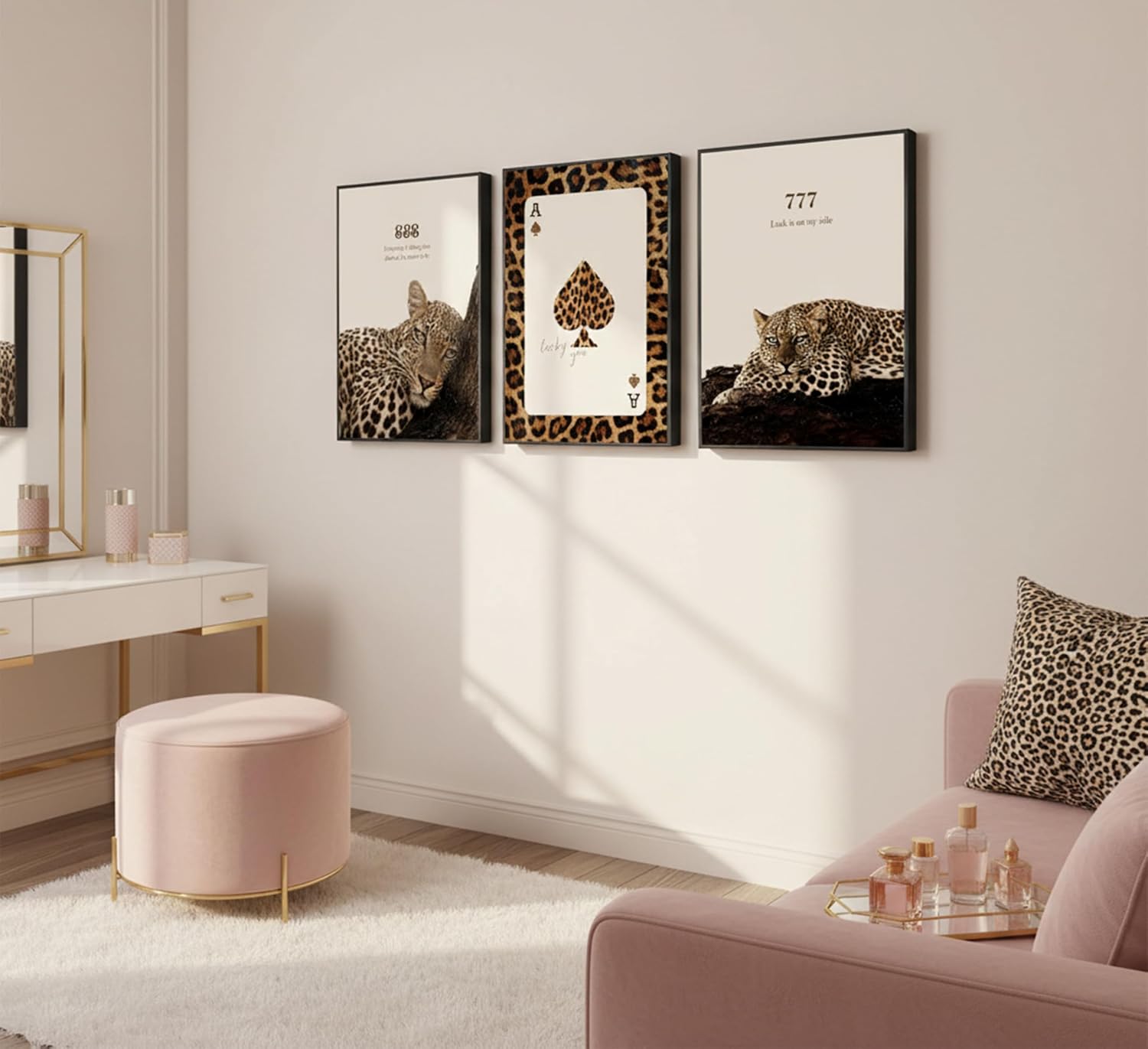 3Pcs Trendy Leopard Wall Art Luxury Fashion Lucky Poker777 Leopard Pictures Wall Decor Aesthetic Cheetah Preppy Posters Print Artwork for Office Living Room Bedroom Dorm Home Decor Unframed