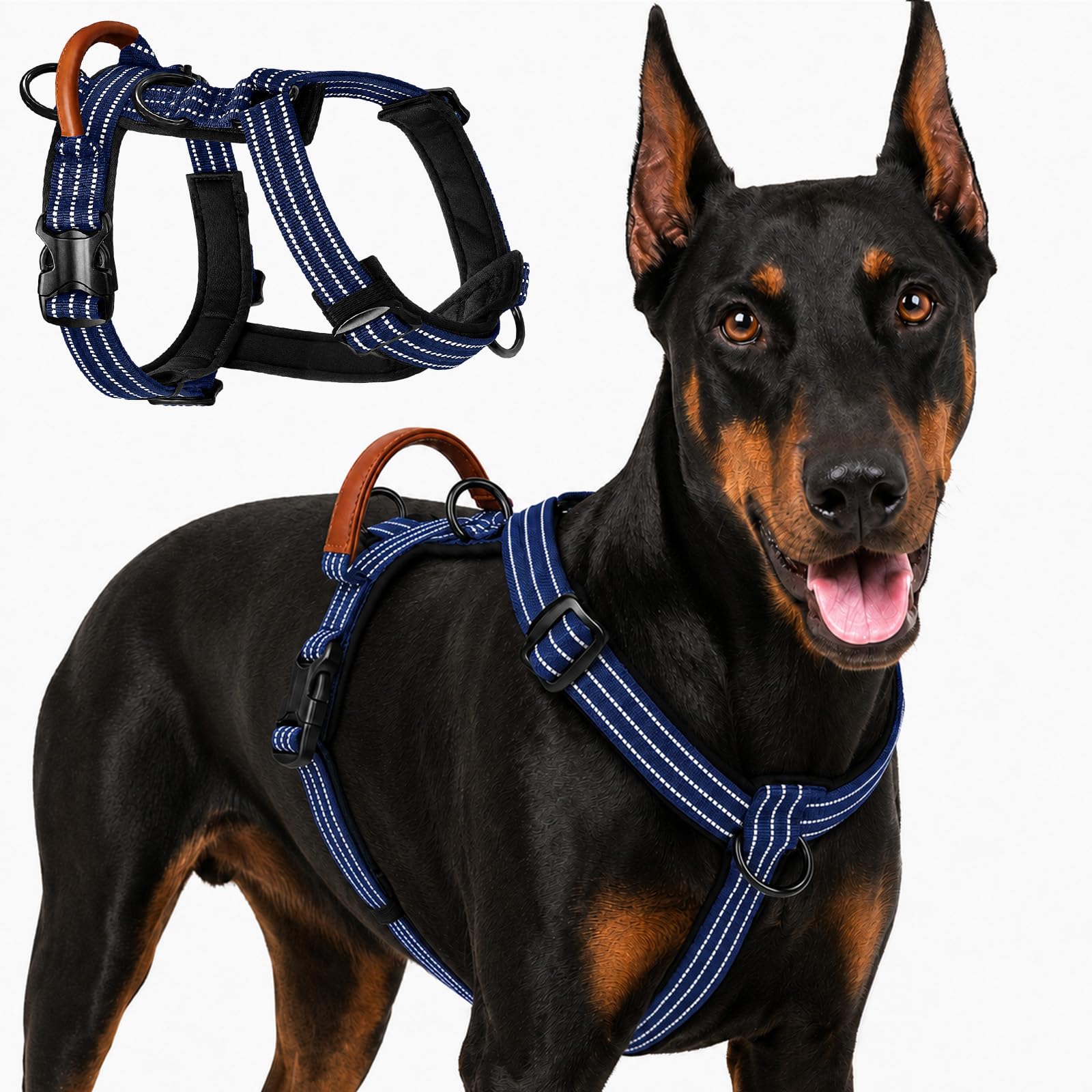 Avepisry Anti Pull Dog Harness for Medium Large Dogs, No-Choke Escape Proof Adjustable Pet Harness, Breathable Padded Dog Vest with Easy Control Handle and 3 Leash Clips for Training (Navy Blue, S)
