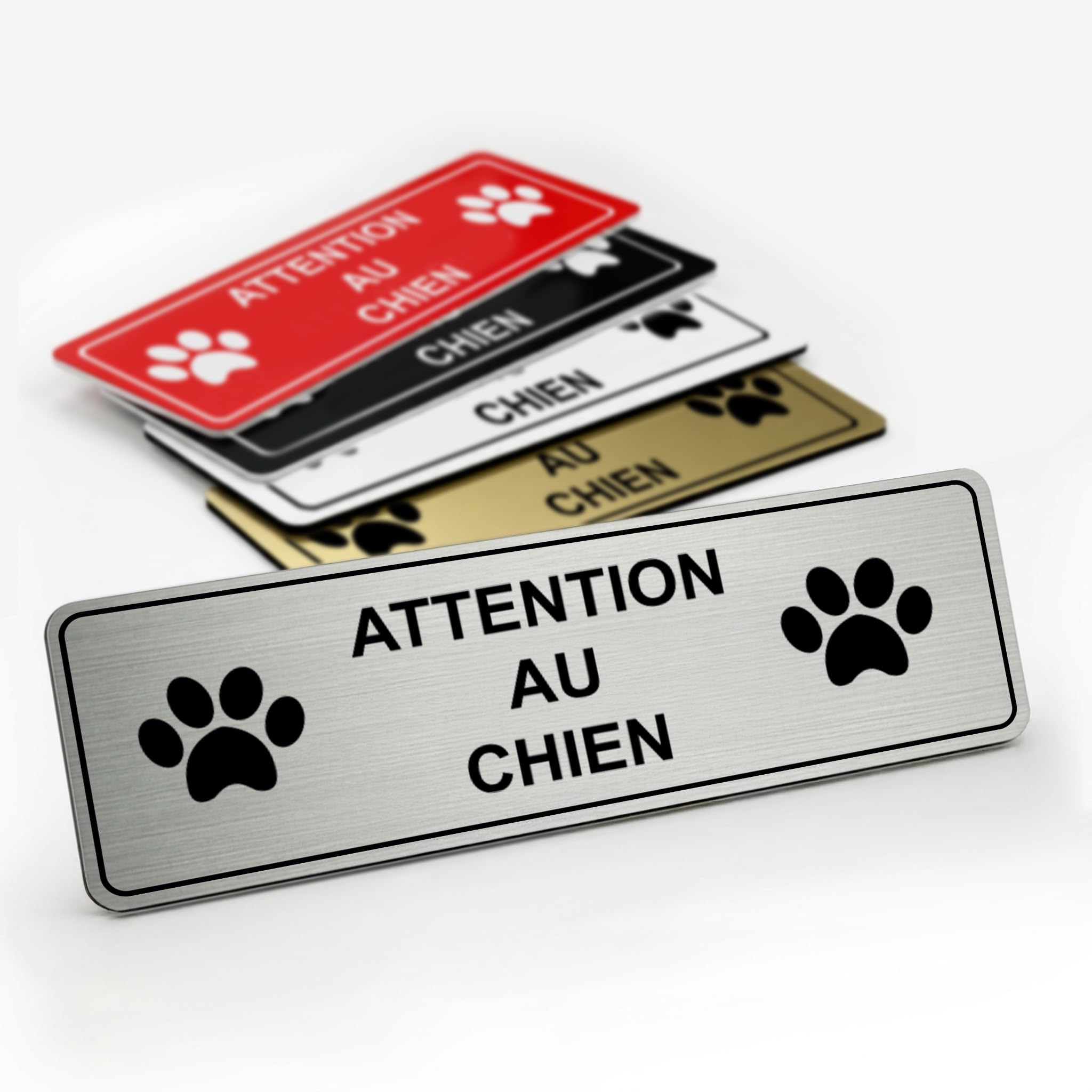 Plaque gravée personnalisée autocollante logo ATTENTION AU CHIEN + logo pattes de chien - 13x4 cm Alu Brossée