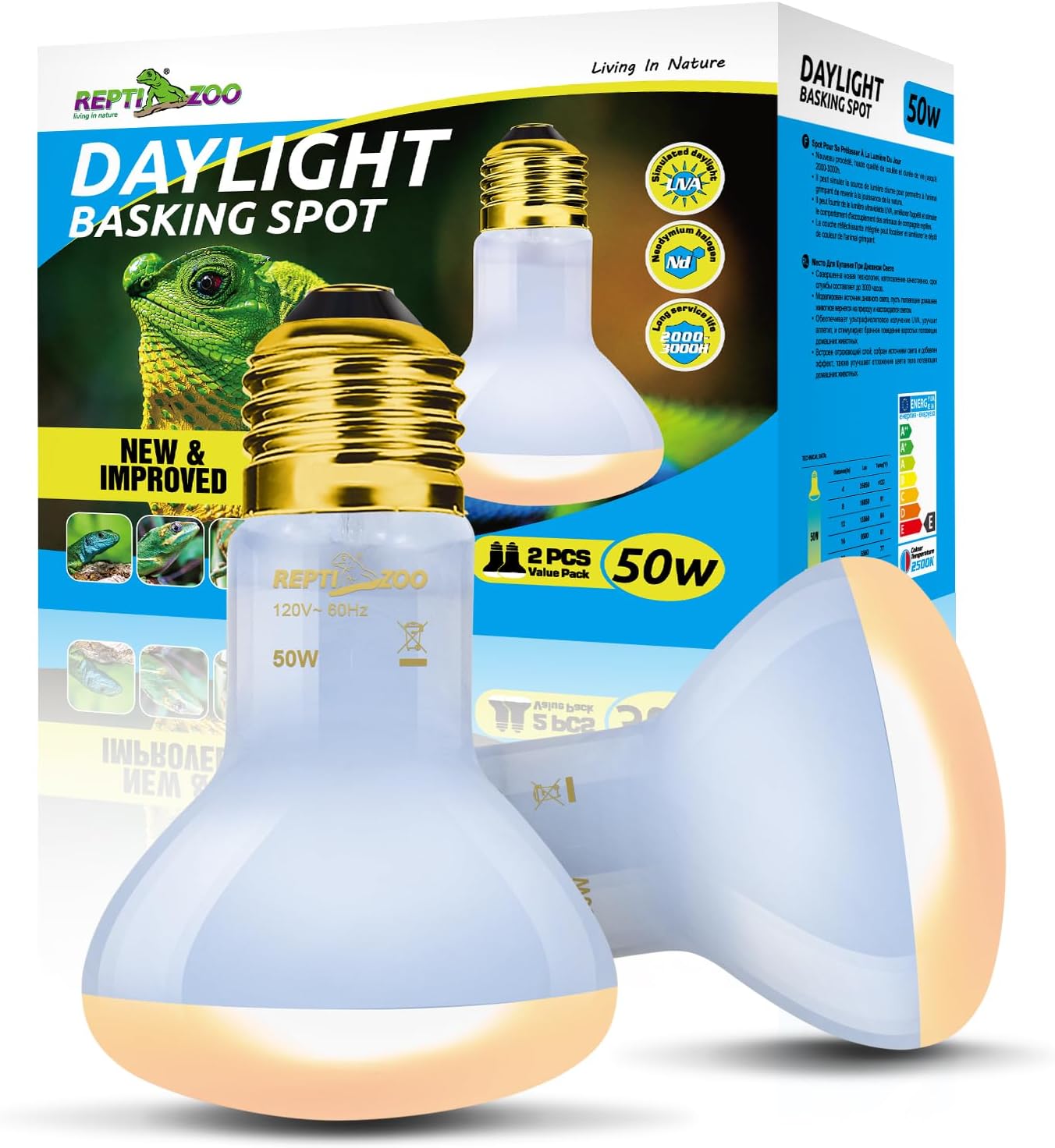 REPTIZOO Reptile Heat Lamp, 2 Pack 50W Daylight Basking