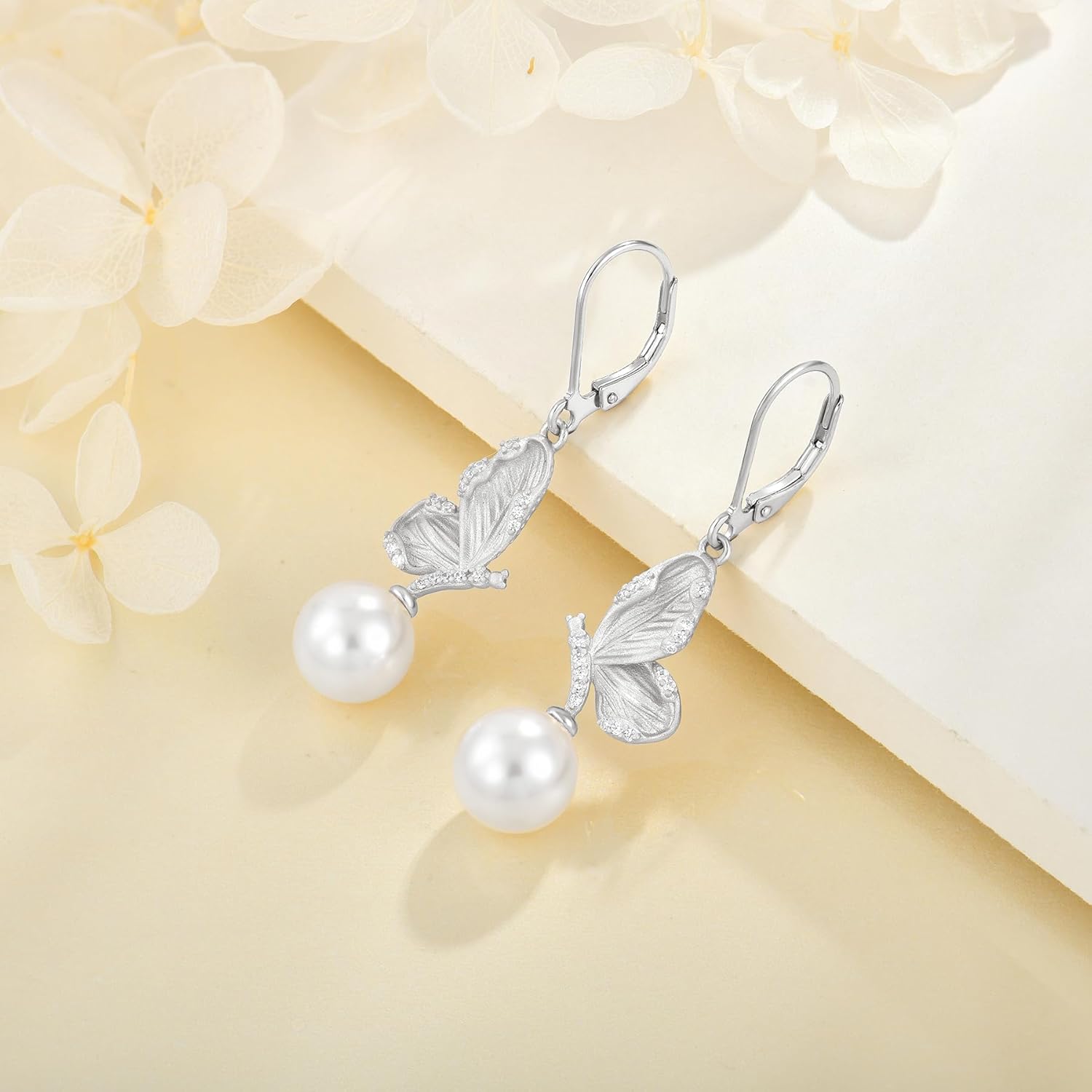 925 Sterling Silver Pearl Earrings for Women Pearl Butterfly Dangle Drop Earrings Cubic Zirconia White/Yellow Gold Plated Earring Jewelry