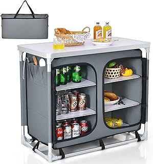 COSTWAY Camping Cupboard, Portable Aluminum Outdoor Storage Cabinet with 6 Shelves, Side Pockets and Carry Bag, Kitchen Cook Station Camping Table for BBQ, Party & Picnic (Grey)
