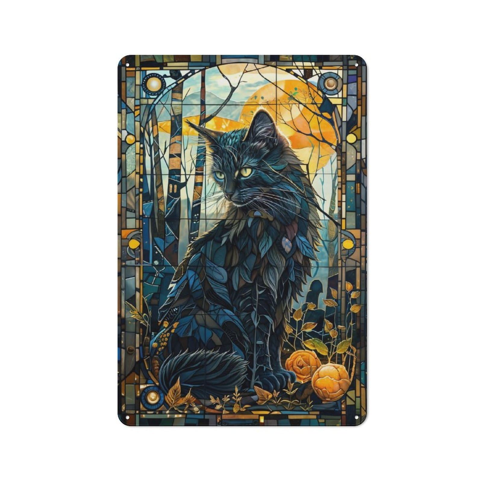 Mystical Cat in Glass Rustic Metal Sign 30x20cm, Country Vintage Country Wall Plaque for Cottage, Kitchen, Hallway Or Breakfast Nook