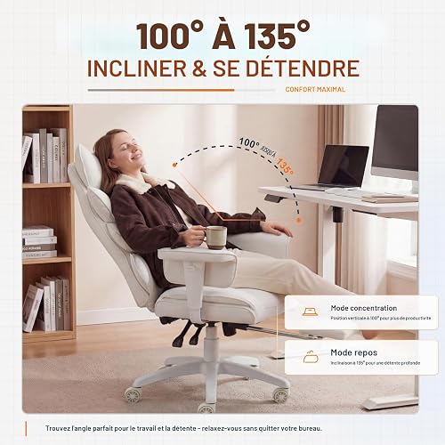 Dowinx Chaise Ergonomique Gaming et Bureau – Coussin à Ressorts ensachés, Dossier Double Couche Souple, accoudoirs réglables, Soutien Lombaire, Repose-Pieds (PU Blanc) - 5