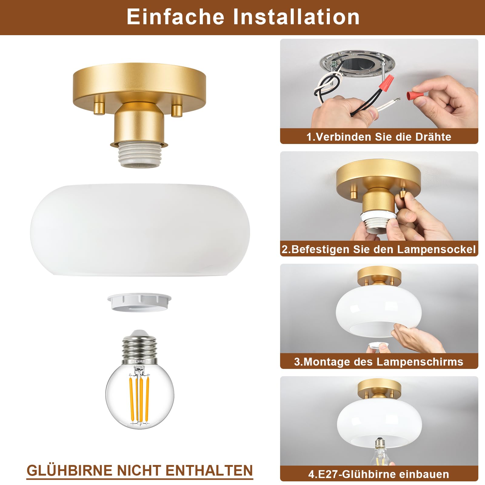 WOKNOS Moderne Weiße Glas Deckenleuchte,Gold Mit Metallsockel,Sockel E27 Deckenlampe,Deckenlampe für Wohnzimmer Schlafzimmer Küche Flur Esszimmer(22CM) | E27-Sockel, ideal zur Beleuchtung von Fluren, Küchen, Schlafzimmern und Wohnzimmern