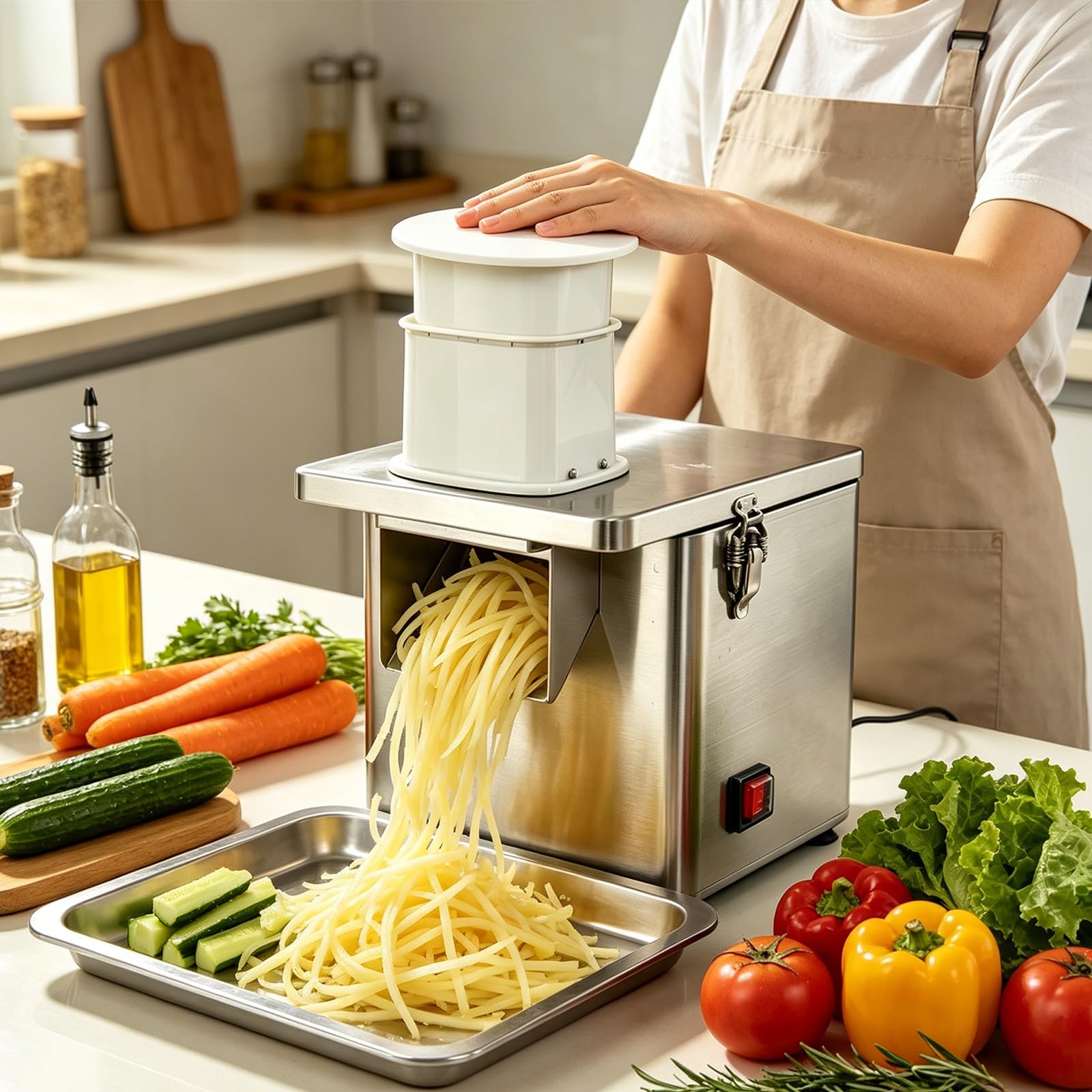 Elektrischer Gemüsezerkleinerer, 200 W, mit Schneiden, Raspeln und Würfeln. | Küchenmaschine, schneidet Zwiebeln, Kartoffeln, Karotten, bereitet Salate zu, ideal for private und gewerbliche Küchen.