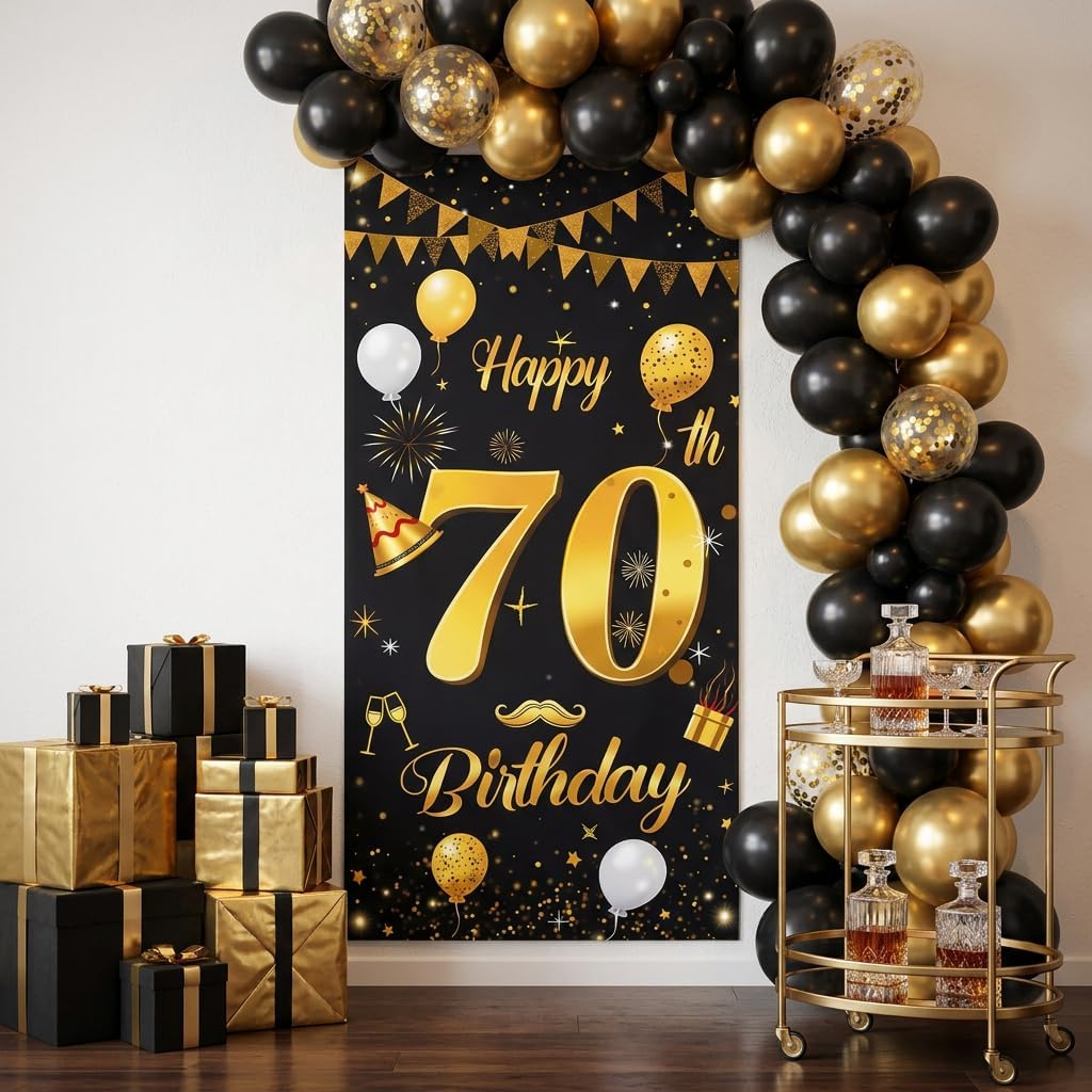 70th Birthday Door Cover Banner, Black and Gold Glittery Party Decoration image 3