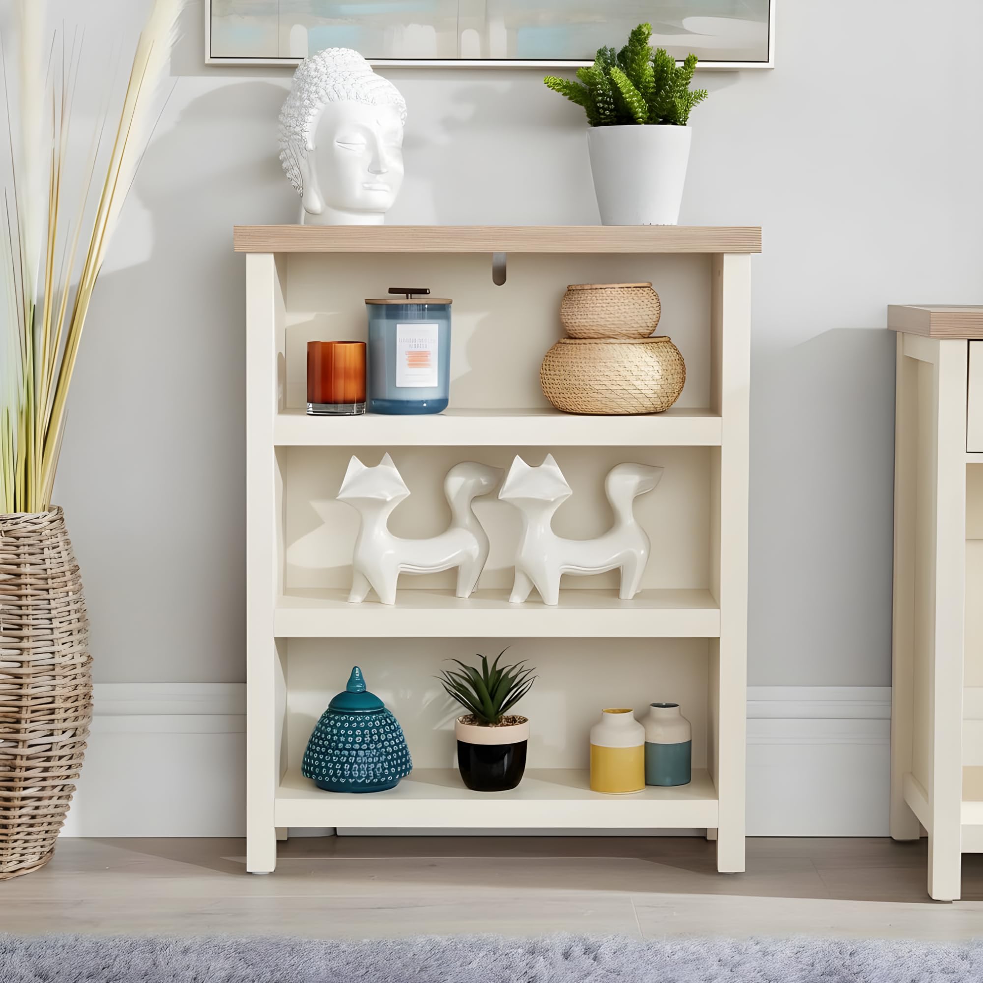 Home Source Avon Low 3 Tier Bookcase – Sonoma Oak Top, Open Shelves - 70W x 22.5D x 87H cm - Small Freestanding Short Bookshelf