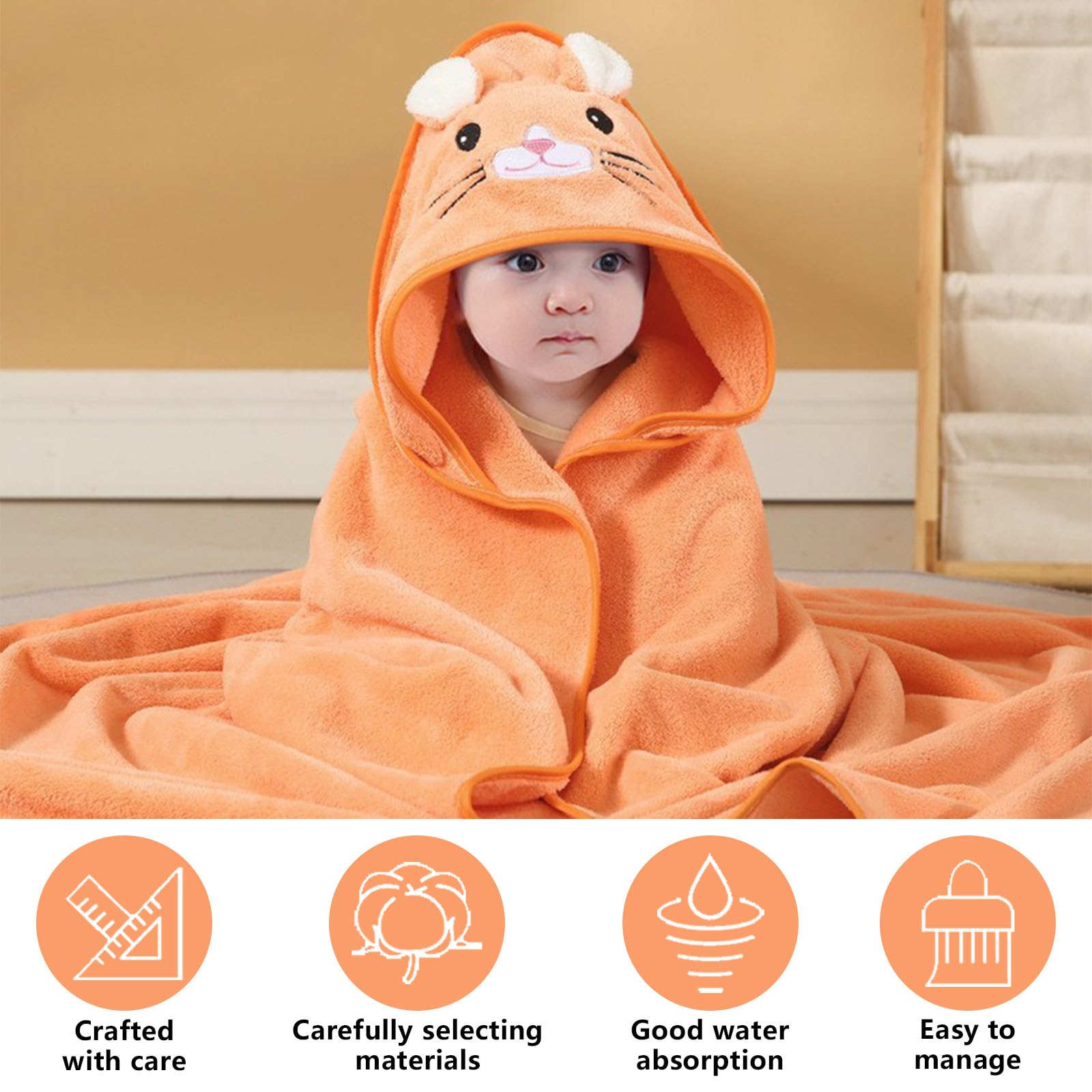 ZenyTra Set of 2 Baby Hooded Towels 80 x 80 cm Soft Bath Towels & Hug with Bear Kitten Design for Baby Swimming Bathing at Home & as a Gift for Birth (White & Orange - Image 3