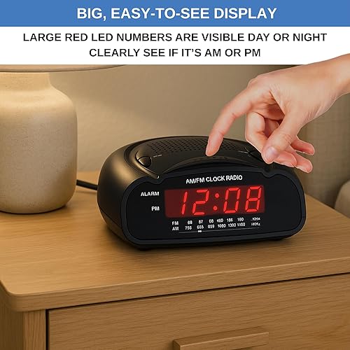 Miniatura 2 de Reloj despertador digital  Radio reloj AMFM con pantalla LED roja, alarma fuerte para personas que duermen mucho  Reloj de escritorio o de noche