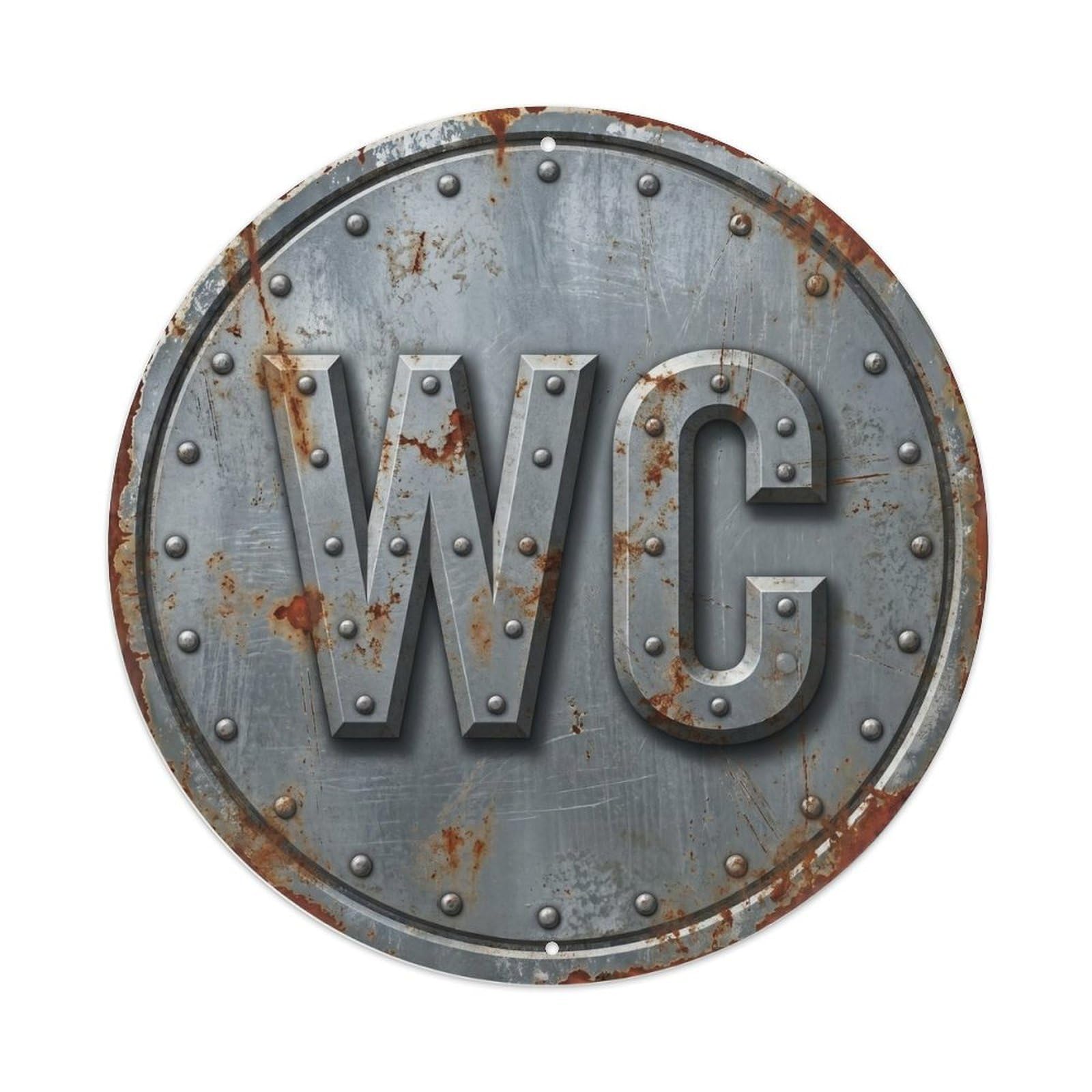 Toilet （WC） Rivet Emblem Metal Tin Sign Plaque Wall Decor for Cafe, Club Bar, Office, Home Garden Round Metal Poster 8x8Inch