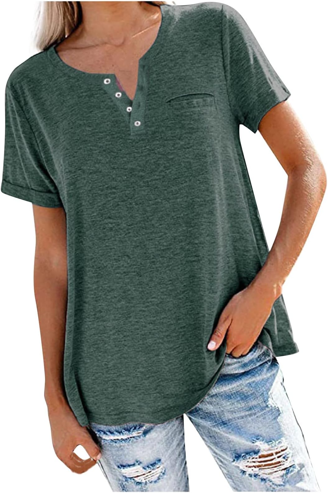 SMIDOWBusiness Tops for Women 2023 Trendy Summer Short Sleeve Notch v Neck t-Shirt Solid Loose Comfy Tee Shirt Blouse