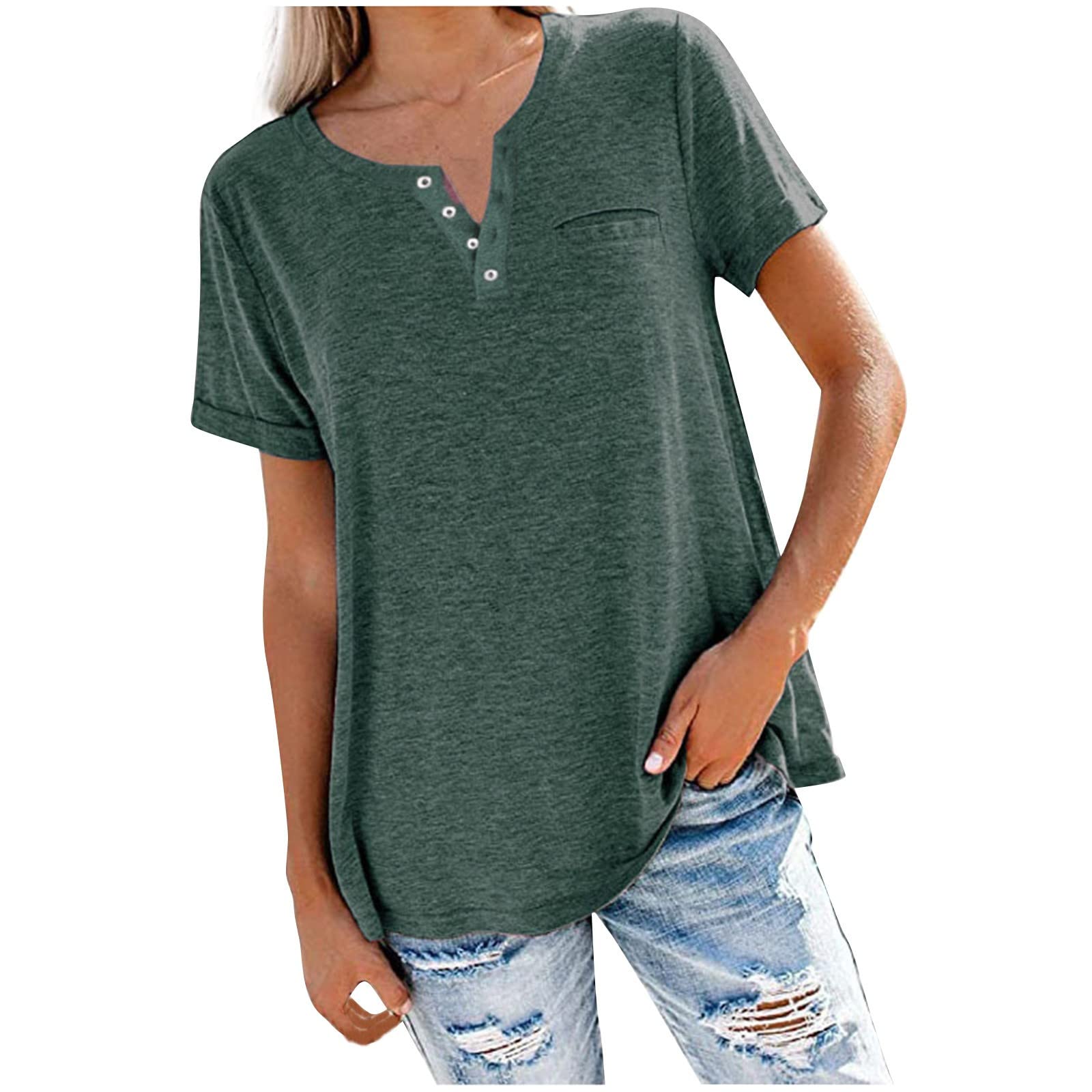SMIDOWBusiness Tops for Women 2023 Trendy Summer Short Sleeve Notch v Neck t-Shirt Solid Loose Comfy Tee Shirt Blouse