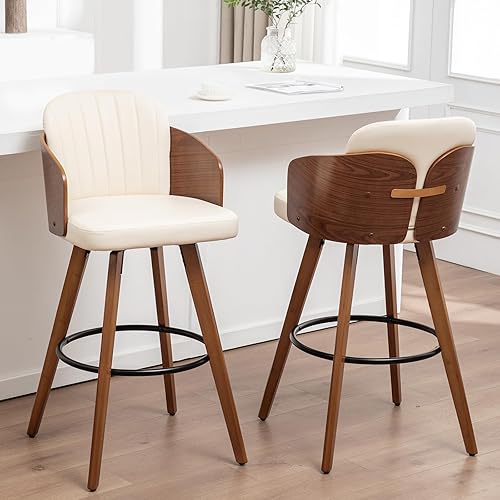Juego de 2 taburetes de bar giratorios Taburetes de bar de mediados de siglo de 29.5 pulgadas con manualidades de madera curvada de nogal, respaldo