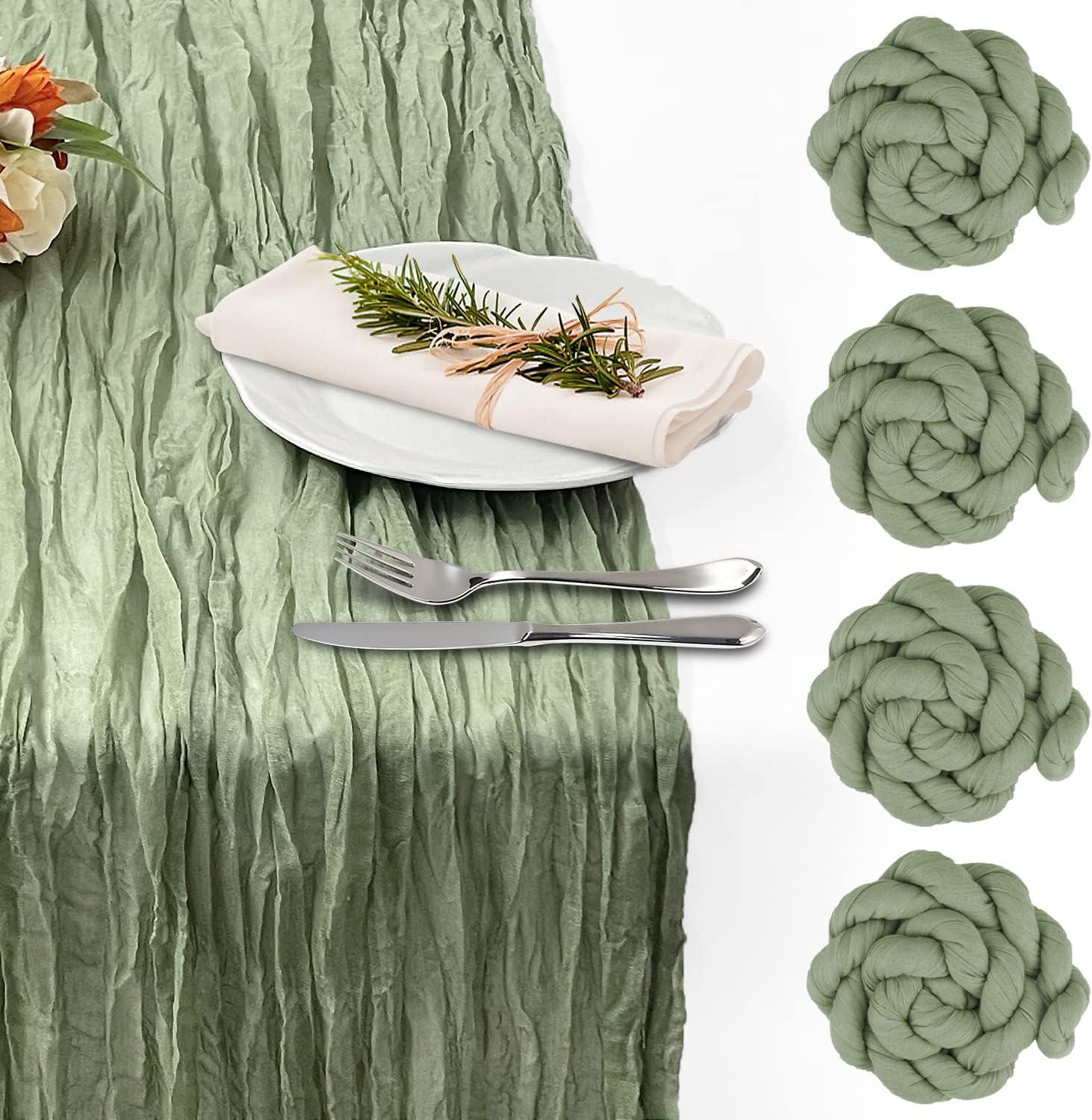 Nialnant 4PCS Sage Green Gauze Table Runners Cheesecloth