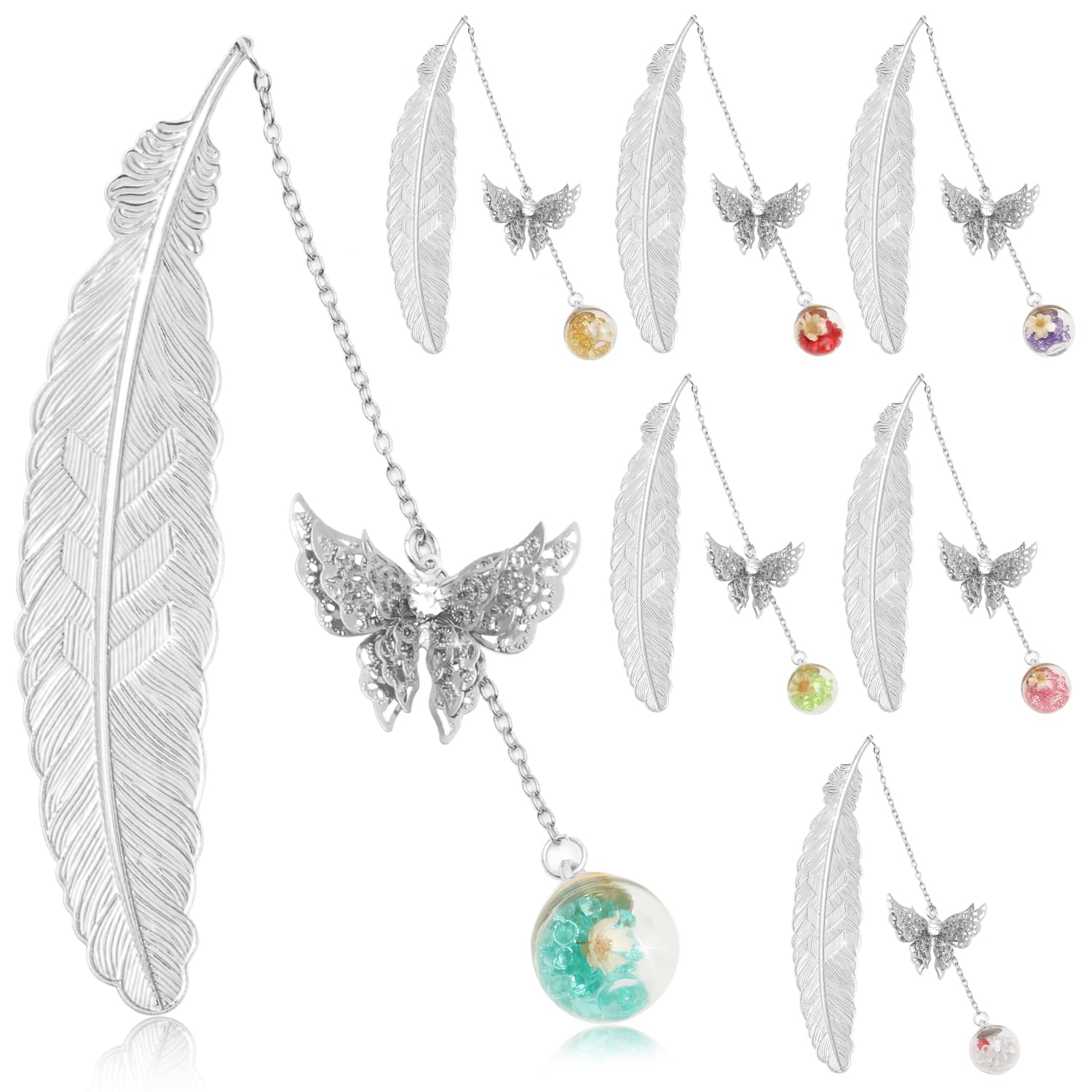 7 marcapáginas de plumas de metal con colgante de mariposa 3D, regalo para amantes de los libros, lectores, profesores y estudiantes, decoraciones de caja de regalo de Navidad (pluma plateada)