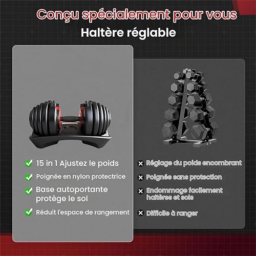 HAKENO 2 x 24 kg/40 kg haltères réglables 15 en 1 ensemble d'haltères réglables peu encombrants musculation et entraînement à domicile poids variables gain de place (24-40 kg) - 6