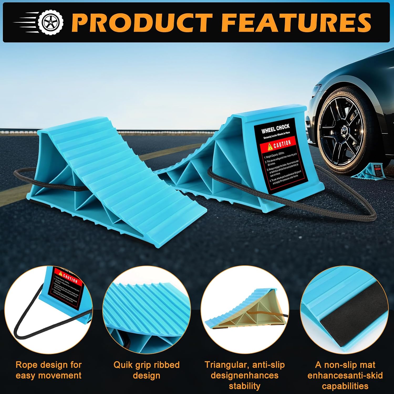 Wheel Chocks 4-Pack, Hard Plastic RV Tire Chocks with Rope for Easy Removal, Non-Slip Wheel Stoppers Block for Trailers, Trucks, Ramps, Workshops and Uneven Ground