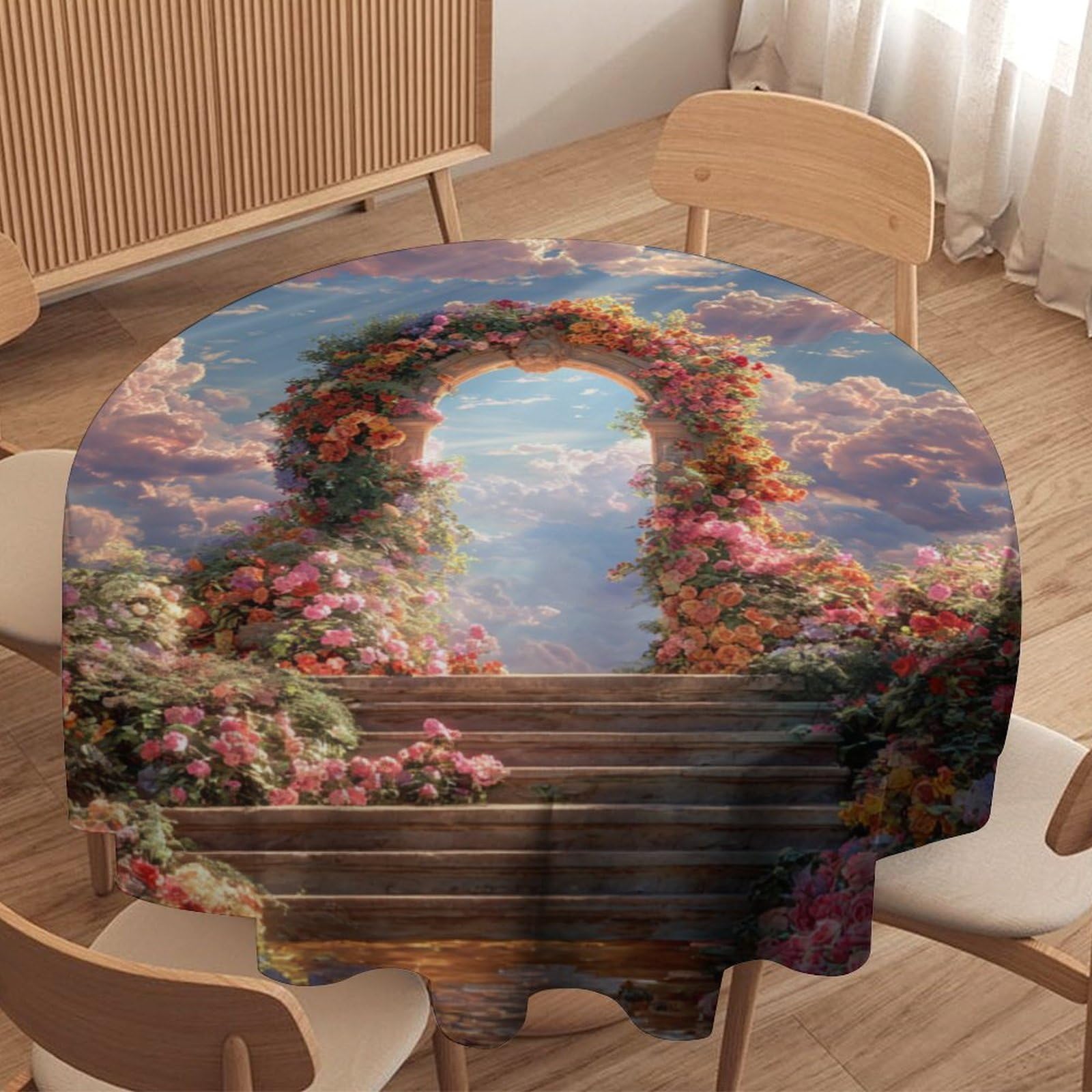 LUYYSKY Mid Century Castle Floral Arch Round Tablecloth Retro Oil Painting Spring Garden Flower Plant Print Washable Decor for Table Cover for Kitchen-152.4" Wx152.4 L cm