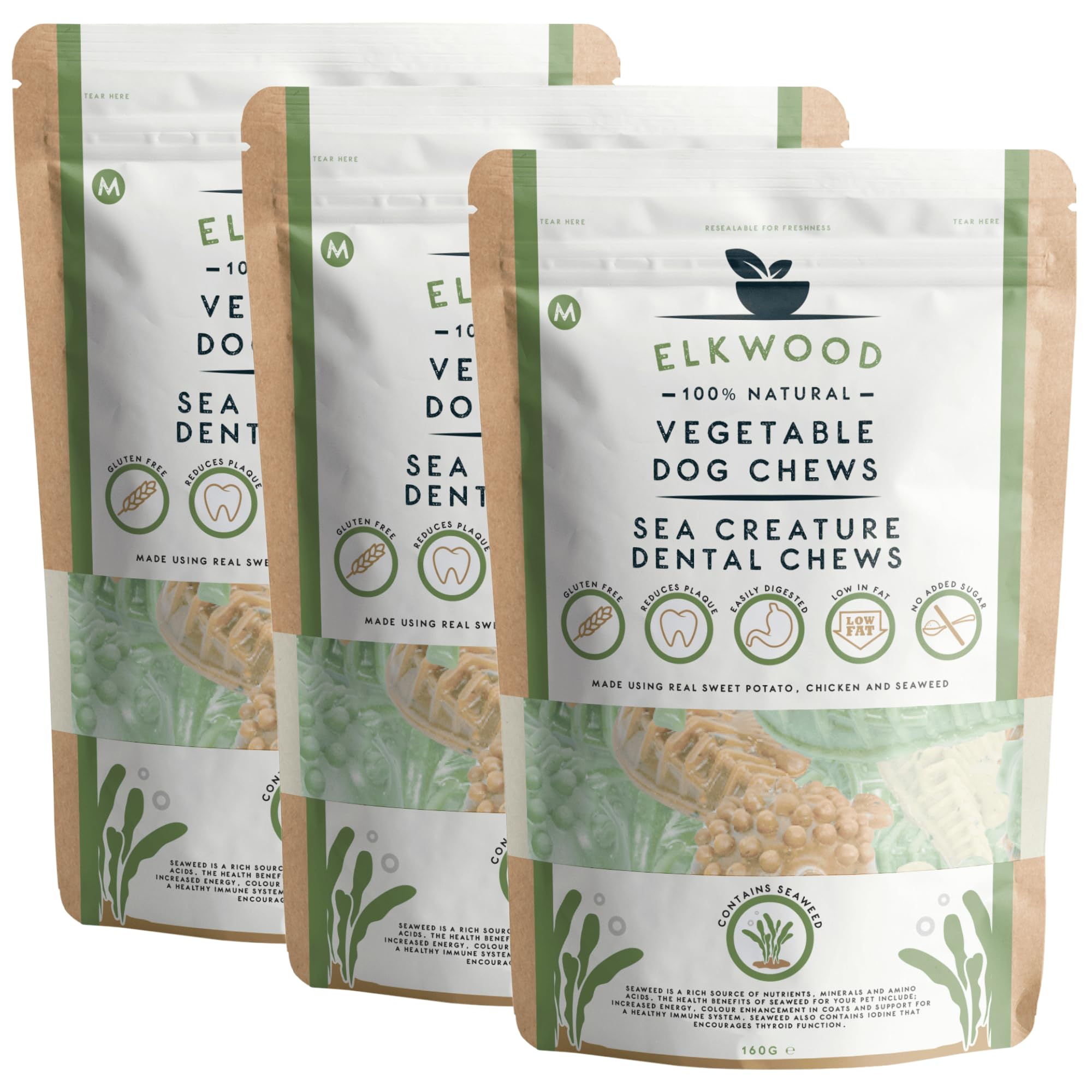 Elkwood 100% Natural Dog Dental Chew Treats (Medium, Sea Creature Shape) | Grain-Free, Low-Fat Sweet Potato Chews for Fresh Breath & Healthy Teeth | Hypoallergenic & Long-Lasting (160g, Pack of 3)