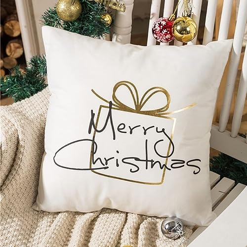 Miniatura 5 de Juego de 4 fundas de almohada de Navidad de 18 x 18 pulgadas, fundas de almohada doradas con estampado de copos de nieve a rayas, fundas de cojín