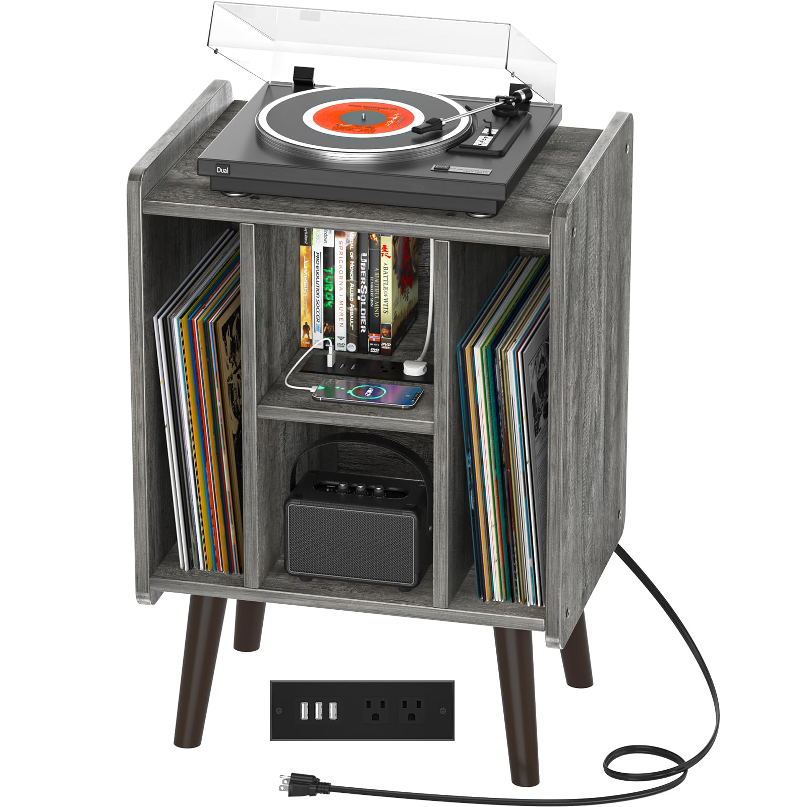 Unikito Record Player Stand, Vinyl Turntable Stand with Power Outlet and USB Charging Port, Sturdy Record Display Table with Storage, Mid Century End Table, Turntable Nightstand, Black Oak