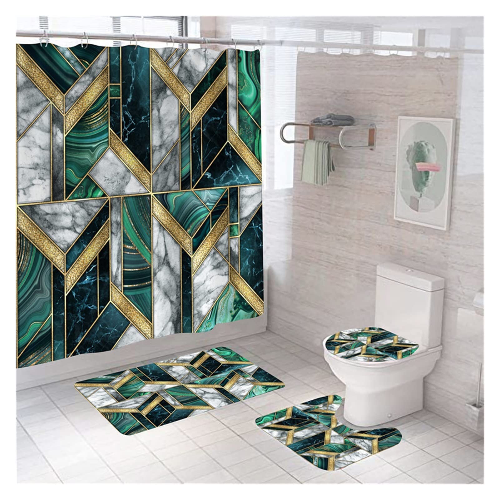 MOBYGKFY Geometric Marble Print Shower Curtain Bath Mat Set Soft Carpet Anti-slip Rug Toilet Lid Cover Bathroom Home Decor