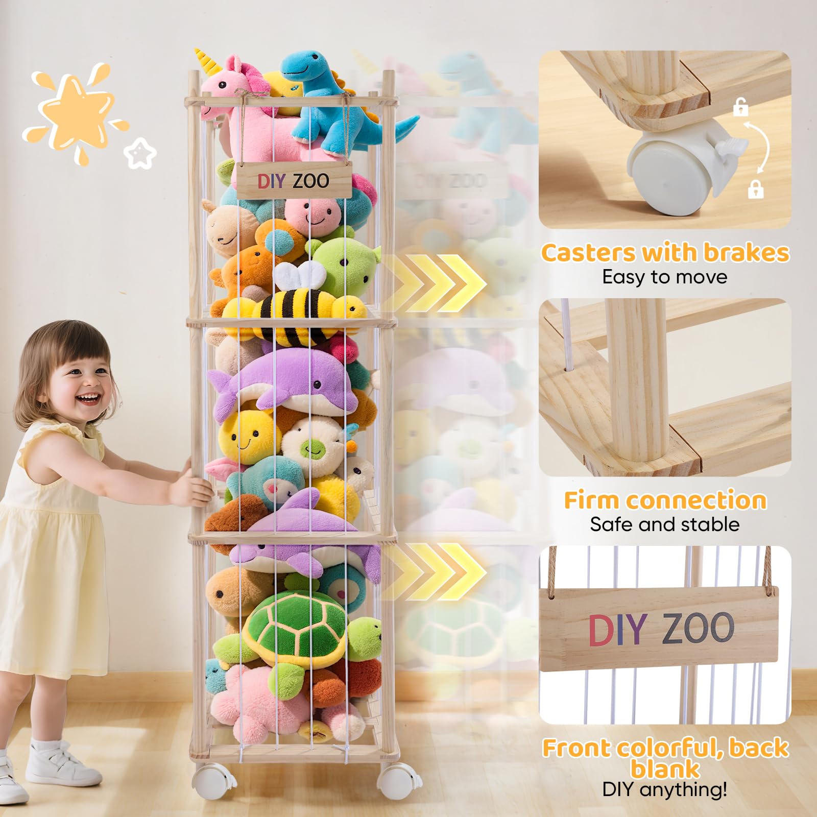 Caja de Almacenamiento para Peluches, 138x41x41cm de Madera Maciza con Ruedas Giratorias Bloqueables de 360°, Ideal para Habitaciones de Bebés, Salas de Estar, Dormitorios y Habitaciones Infant