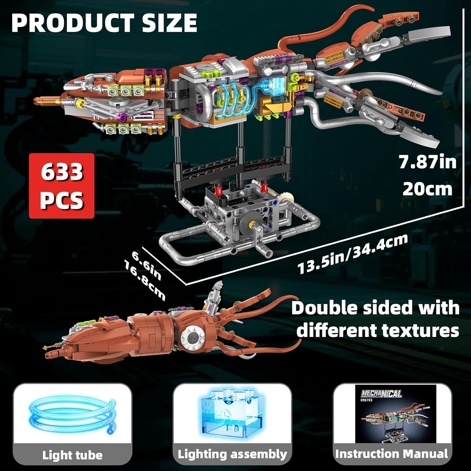 Mechanical Squid Building Set with Lights, Rotatable Link Components & Display Stand, STEM Building Set for Boys and Girls 8-14, Home Office Decor for Adults, Mechanical Enthusiasts（633PCS）