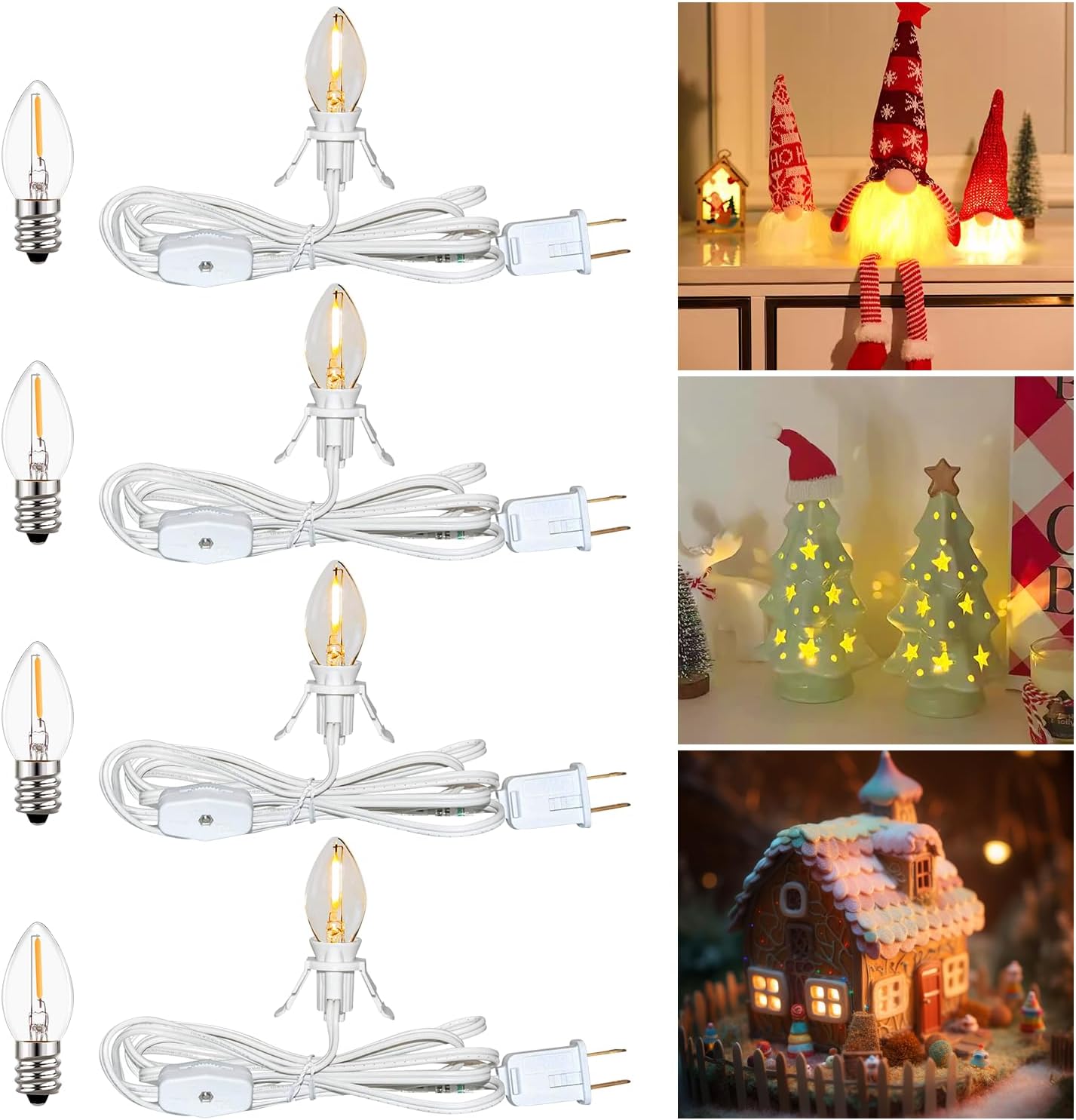 4 Set 6Ft White LED Accessory Cord with Light Bulb 8Pcs (4 for Spare) with Switch On/Off, Light up Christmas Decor - Clip-in C7 String Lights for Christmas Village House Salt Lamp & Blow Mold, 0.6W White-LED Bulb