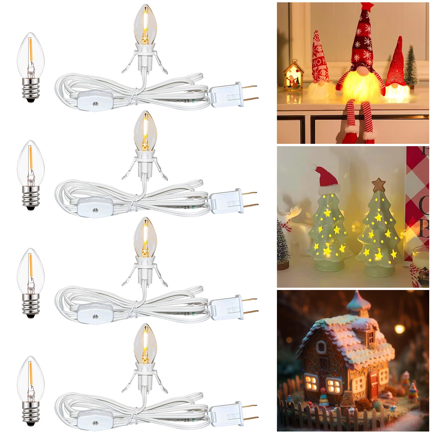 4 Set 6Ft White LED Accessory Cord with Light Bulb 8Pcs (4 for Spare) with Switch On/Off, Light up Christmas Decor - Clip-in C7 String Lights for