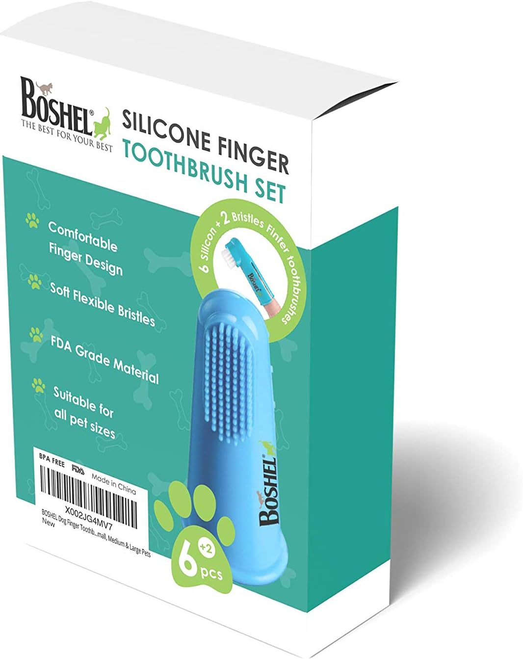 BOSHEL Dog Finger Toothbrush Set - 8 Pack Includes 6 Silicone Bristle + 2 Nylon Bristle Dog & Cat Toothbrushes - Approved - Dental Oral Care - Teeth & Gums Care Kit for Small, Medium & Large Pets : Pet Supplies