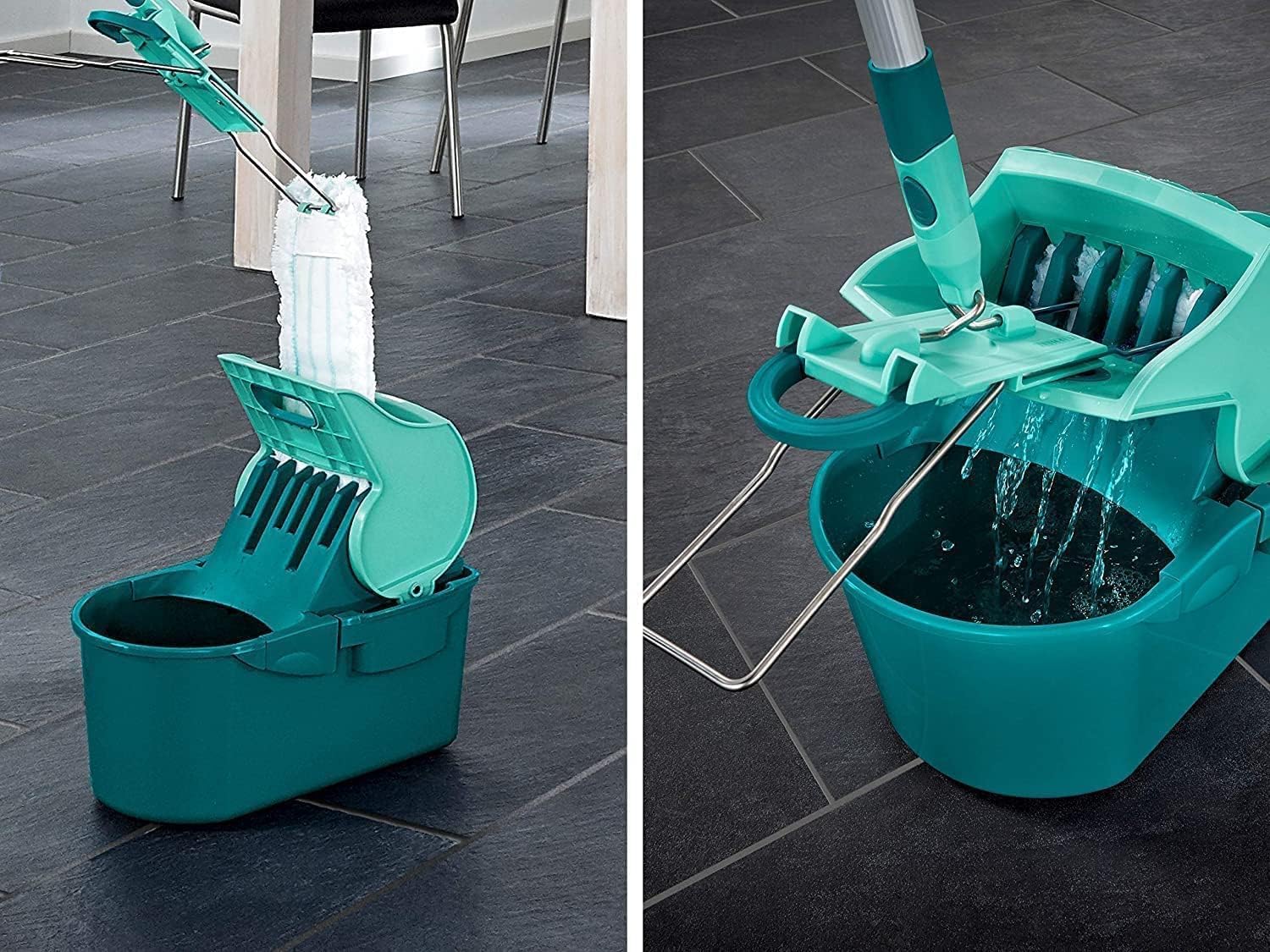 Leifheit Set de cubo escurridor y mopa fregona Profi Compact, mopa friegasuelos con articulación giratoria y cubo profesional con prensa | Juego de fregonas con funda lavable, 42 cm de ancho, funda de microfibra, para grandes superficies, compacta y compa