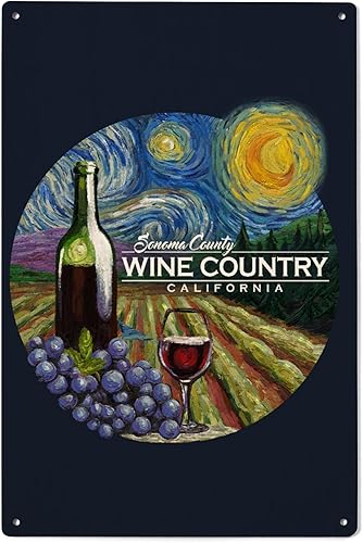 Sonoma County Wine Country, California, Viñedo, Noche estrellada, Letrero de pared de madera de abedul (decoración rústica del hogar de 6 x 9, arte