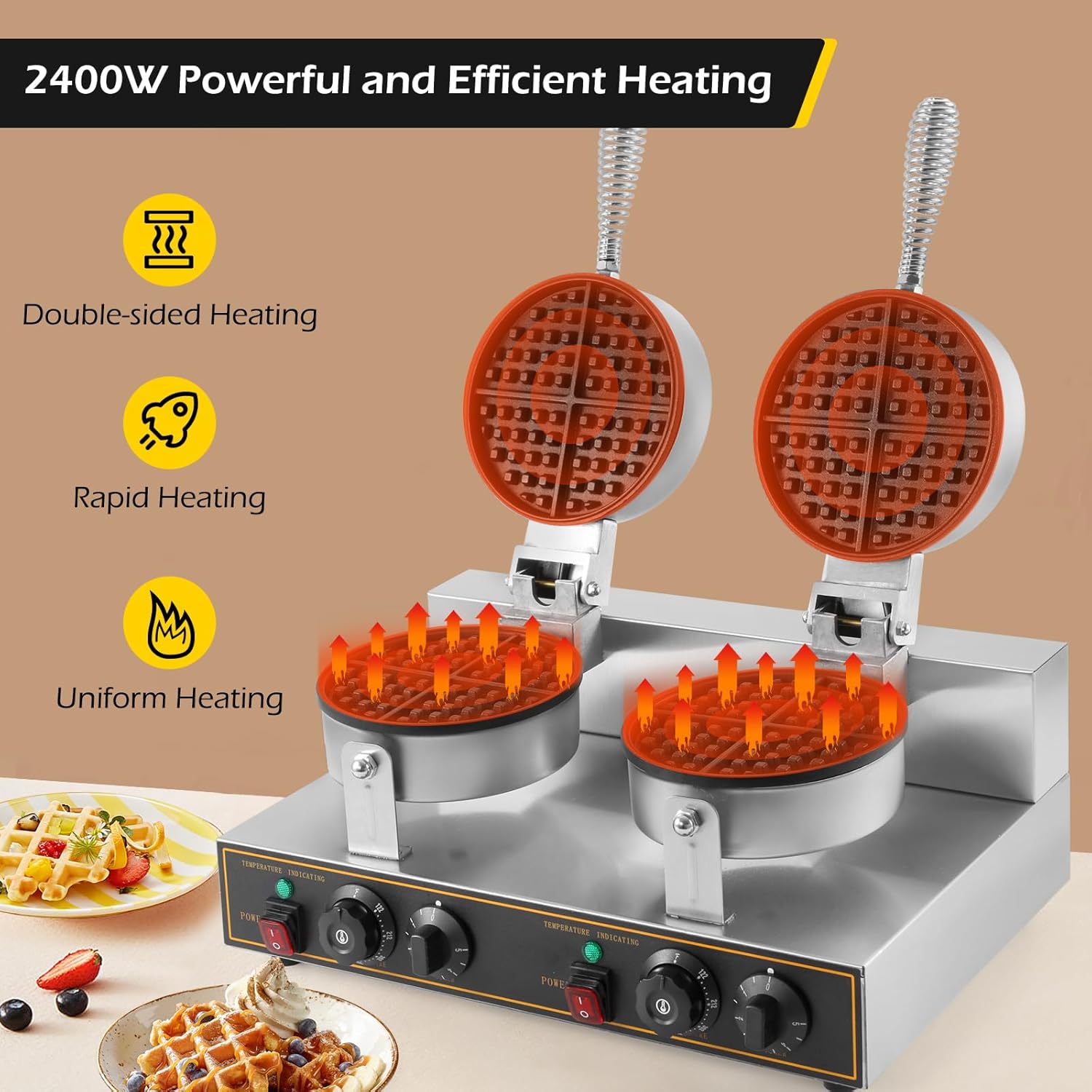 Dyna-Living 1200W Waffle Cone Maker & 2400W Double-heads Commercial Waffle Maker