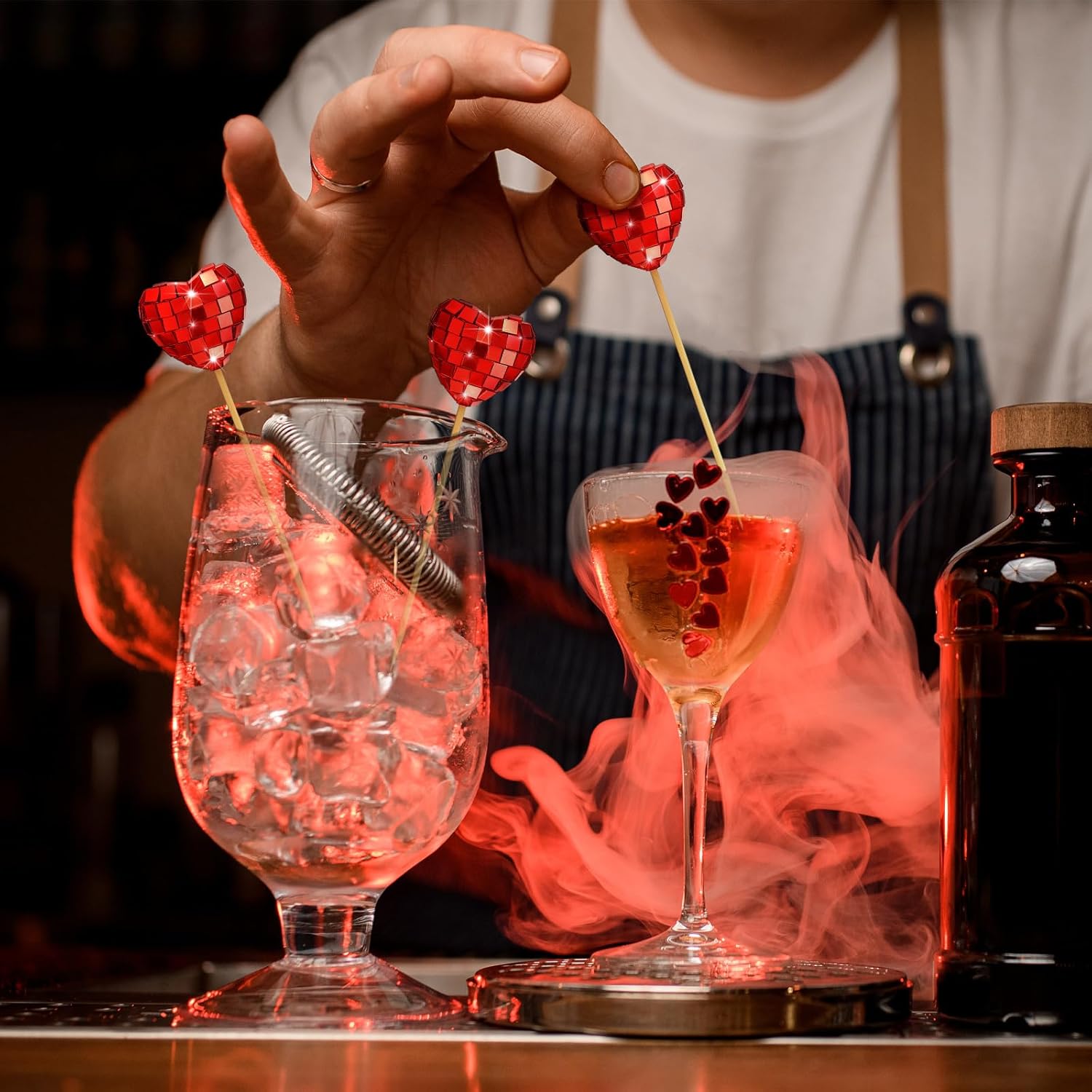 Chengu 50 Pcs Valentines Red Heart Cocktail Picks with Mirror Disco Ball 4.7 Inch Red Glitter Toothpick Sandwich Appetizer Skewers Drink Stirrers for Valentines Day Disco Birthday Wedding Party Decor