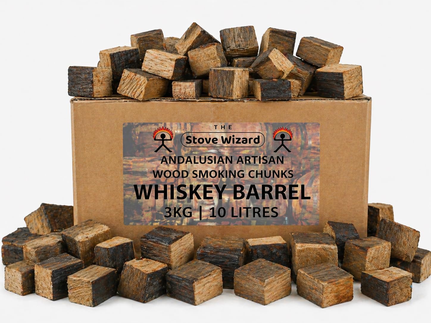 Whiskey Barrel Wood BBQ Smoker Smoking Chunks 3kg 10 Litre Andalusian Artisan Premium Quality Natural Eco Friendly Wood Chunks for Gas & Charcoal Grill Outdoor Cooking for Authentic BBQ Flavour