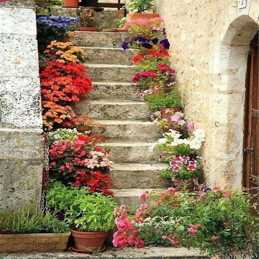 花ガーデン階段入口ジグソーパズル　千アルミ額50×74㎝完成品　油絵　作名　美品 花ガーデン階段入口ジグソーパズル 千アルミ額50×74㎝完成品 油絵 作