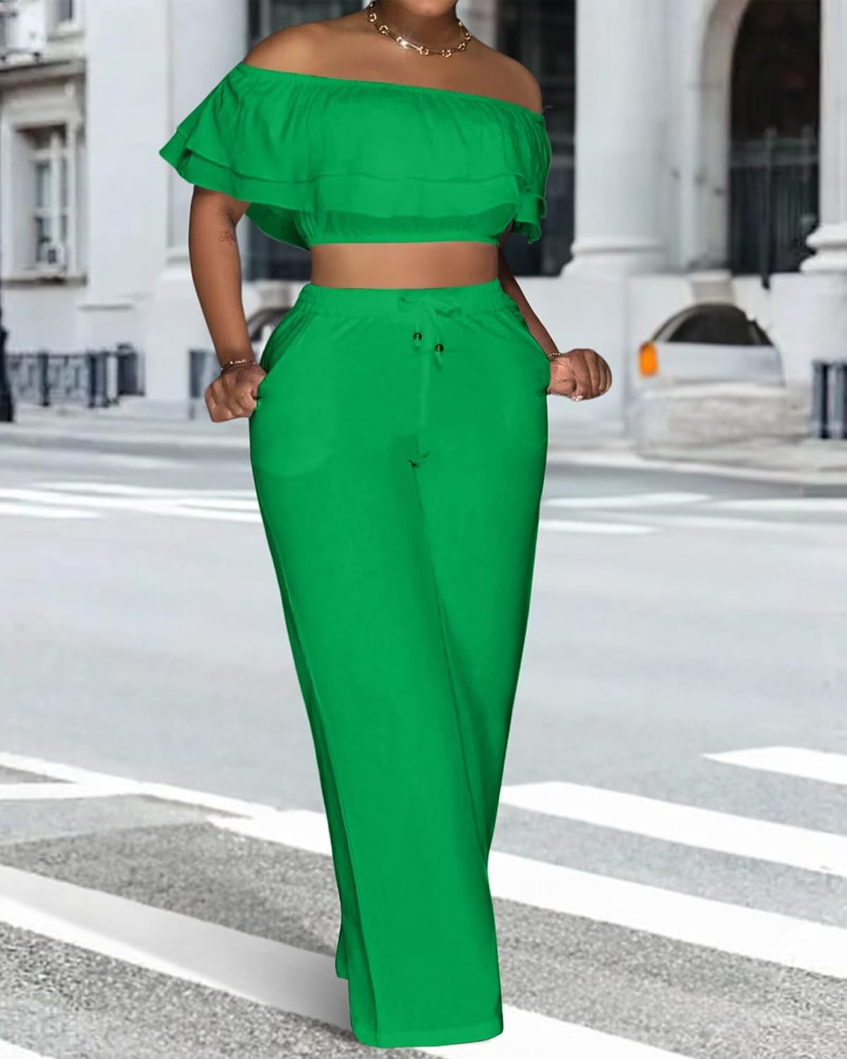 Adogirl 2 Piece Outfits For Women Off Shoulder Ruffle Trim Short Sleeve Top Wide Leg Pants Sets Sexy Outfits - Image 2