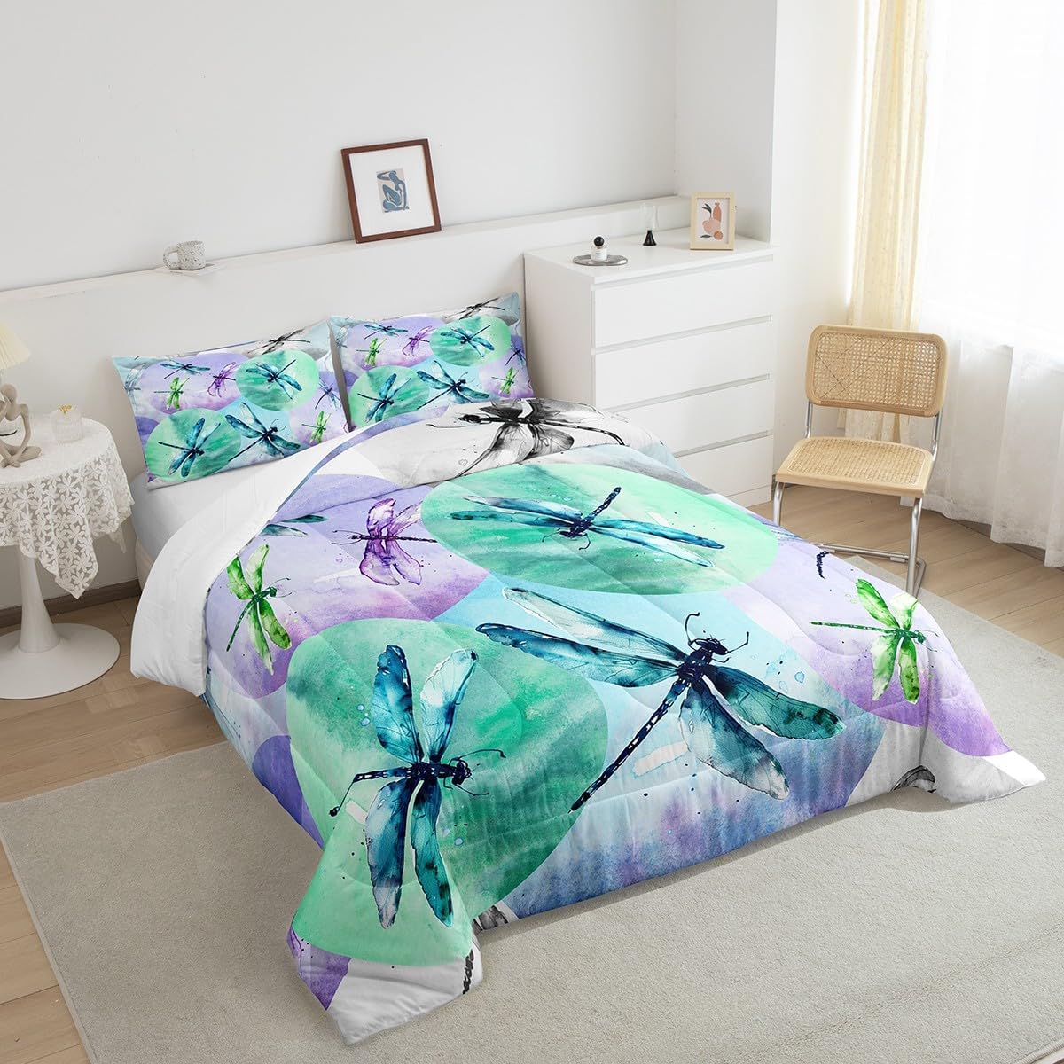 Dragonfly Comforter Set Queen Size,Wildlife Summer Rustic Farmhouse Bedding Set,Girls Boys Adults Room Decor,Geometric Circles Patchwork Fashion Down Comforter,Colorful Duvet Insert,2 Pillowcases