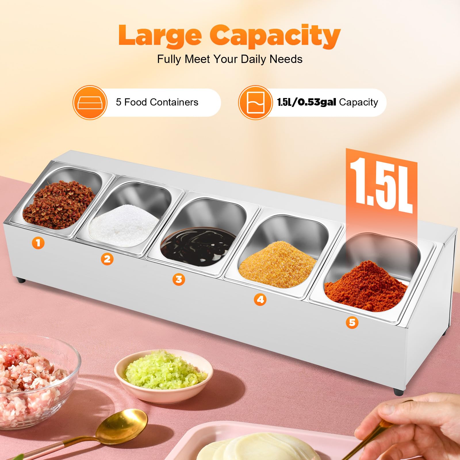 Contenitore per ingredienti in acciaio inox, con 5 contenitori per alimenti rimovibili, coperchio per gastro, cucina, stazione per pizza, buffet, slivery, 86 x 22,5 x 22 cm