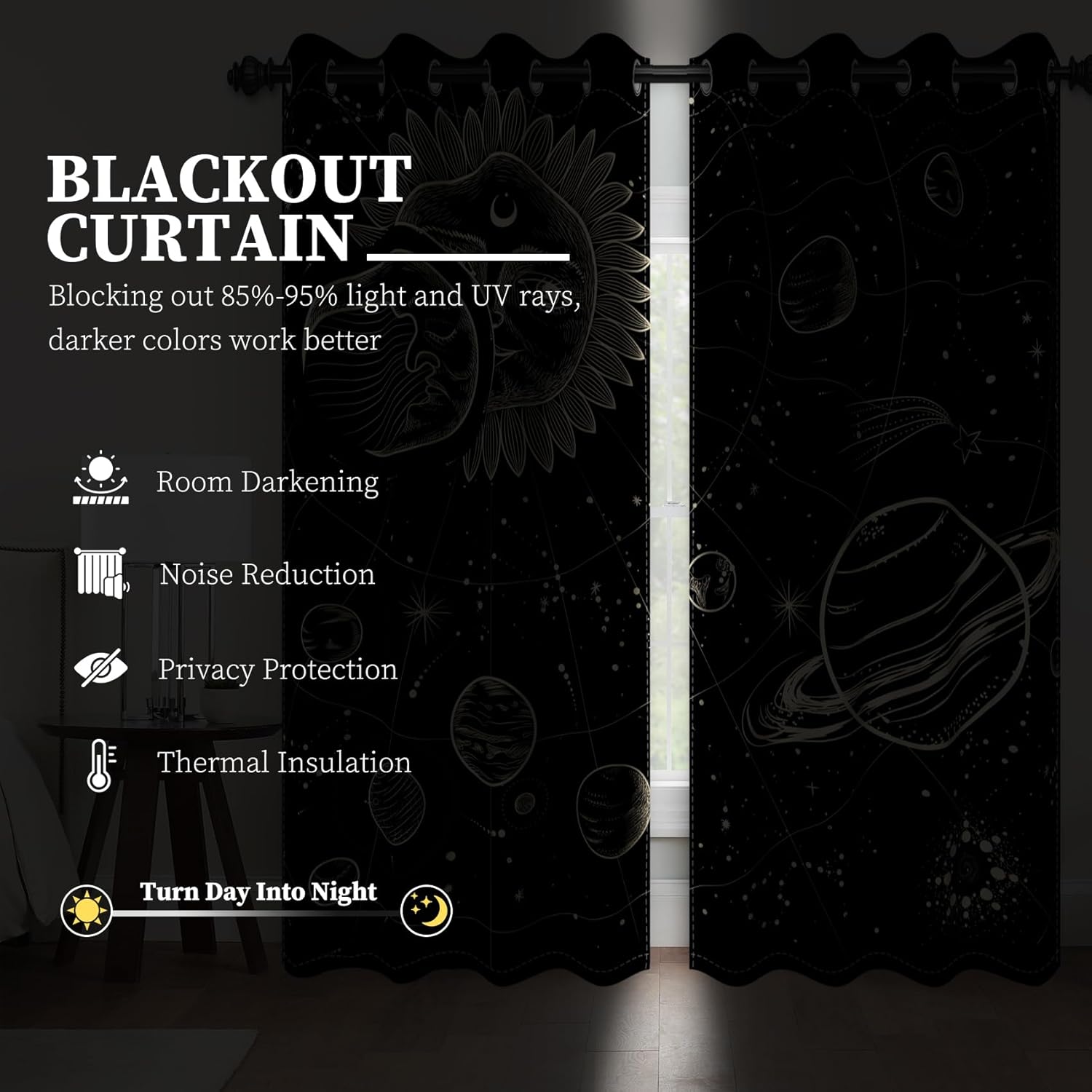 AOFOTO Mystic Astrology Solar System Blackout Curtains 84 Inches Long 2 Panels for Bedroom/Living Room, Celestial Sun Moon Stars Planets Galaxy Window Treatment Curtains Noise Reducing 42W x 84L